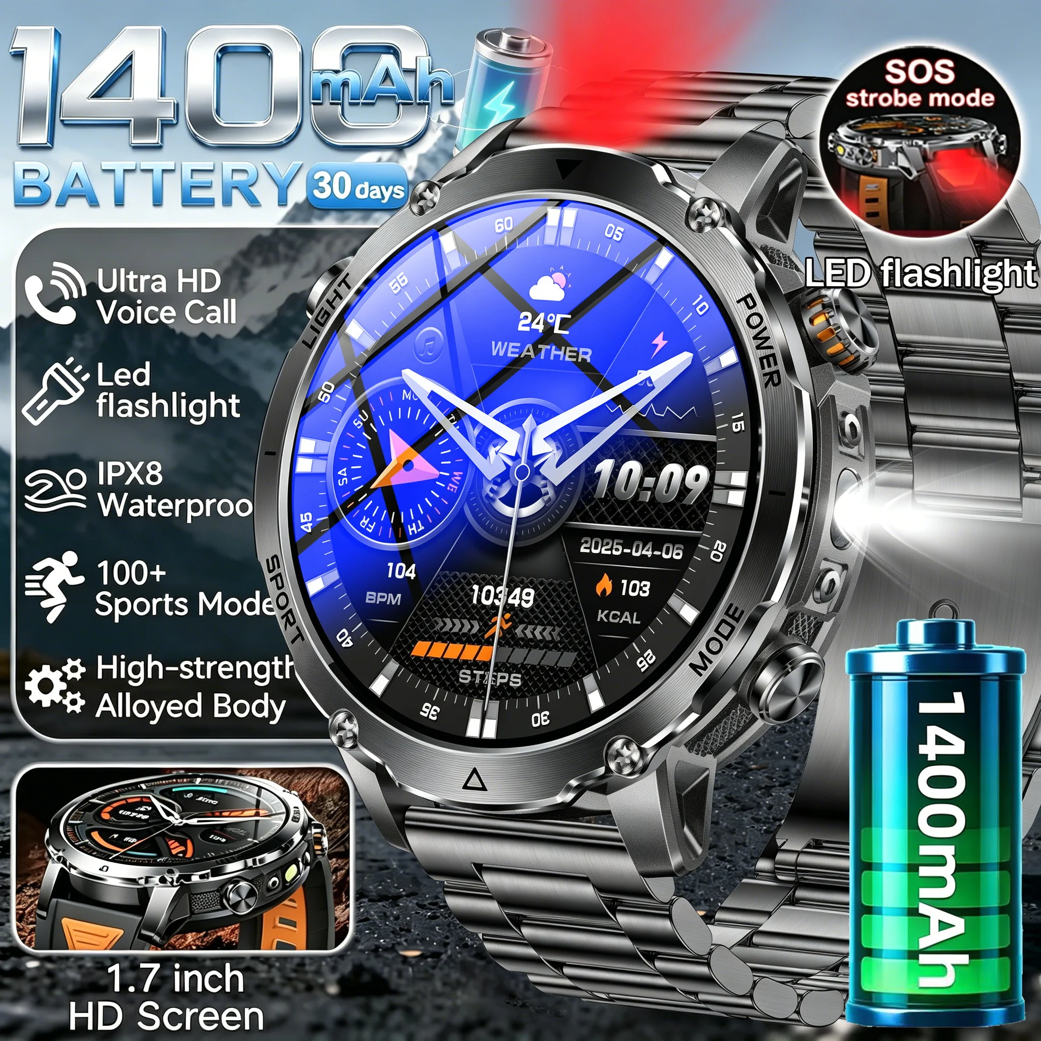 2026 Military 1400 Mah battery smartwatch, men's outdoor flashlight, IPX8 waterproof,100+sports,Bluetooth call, fitness band
2026 Military 1400 Mah battery smartwatch, men's outdoor flashlight, IPX8 waterproof,100+sports,Bluetooth call, fitness band