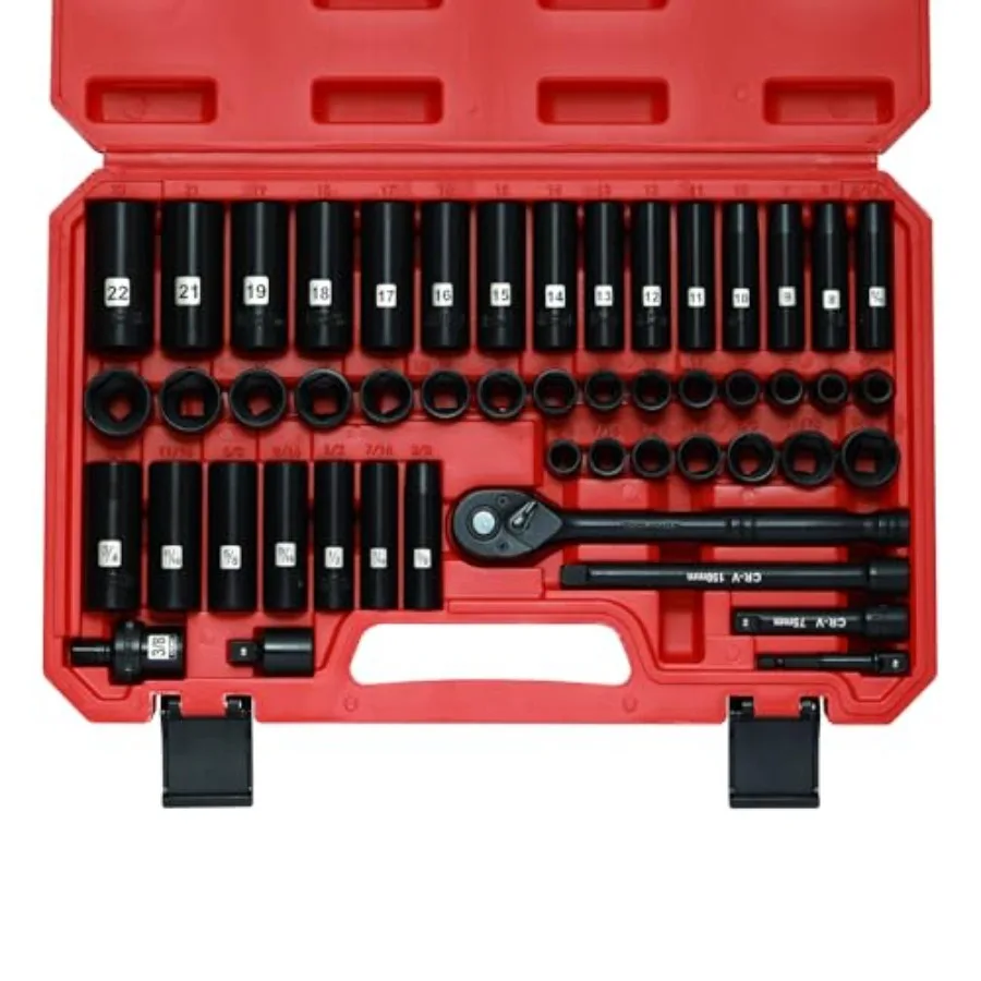 3/8" Drive Impact Socket Set 50-Piece Standard SAE 5/16"-3/4" and Metric Size(8-22mm) Deep and Shallow 6 Point CR-V 72-Tooth Ra
3/8" Drive Impact Socket Set 50-Piece Standard SAE 5/16"-3/4" and Metric Size(8-22mm) Deep and Shallow 6 Point CR-V 72-Tooth Ra