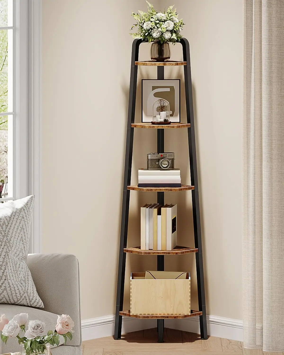 5-Tier Corner Shelf, 59.6" Tall Metal Ladder Bookshelf for Living Room, Bedroom, Kitchen in Rustic Brown and Black
5-Tier Corner Shelf, 59.6" Tall Metal Ladder Bookshelf for Living Room, Bedroom, Kitchen in Rustic Brown and Black