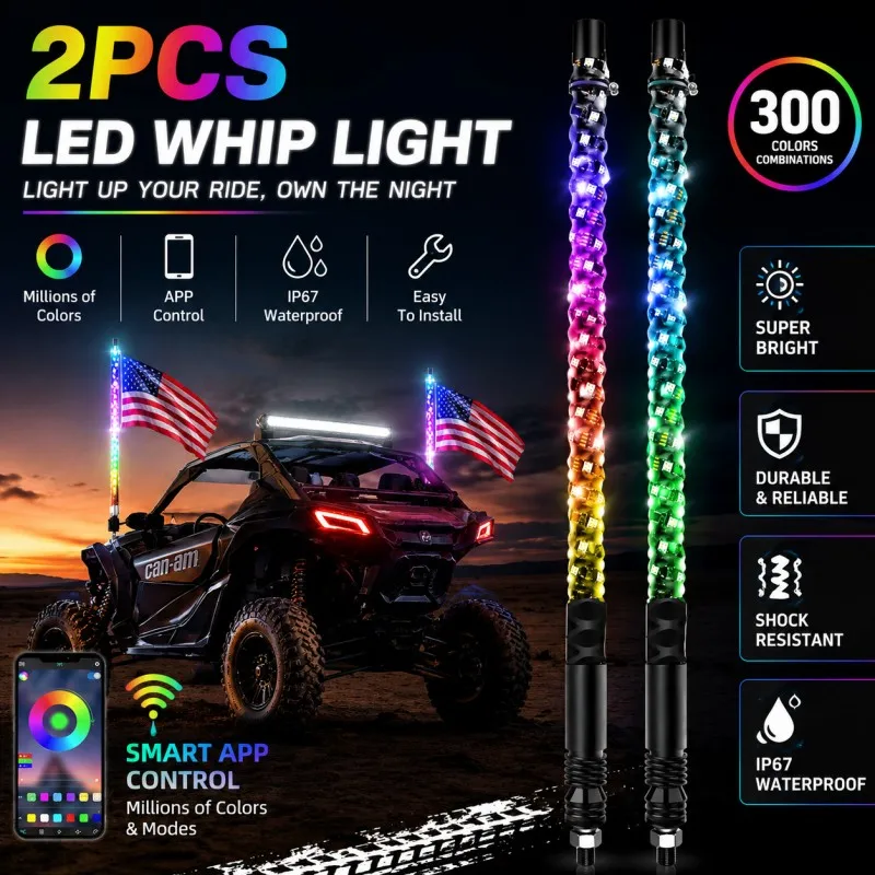 2PCS RGB LED Flag Pole Whip Lights APP Control Bluetooth Remote Music Sync Running Chasing Lights for ATV UTV Off Road Vehicle
2PCS RGB LED Flag Pole Whip Lights APP Control Bluetooth Remote Music Sync Running Chasing Lights for ATV UTV Off Road Vehicle