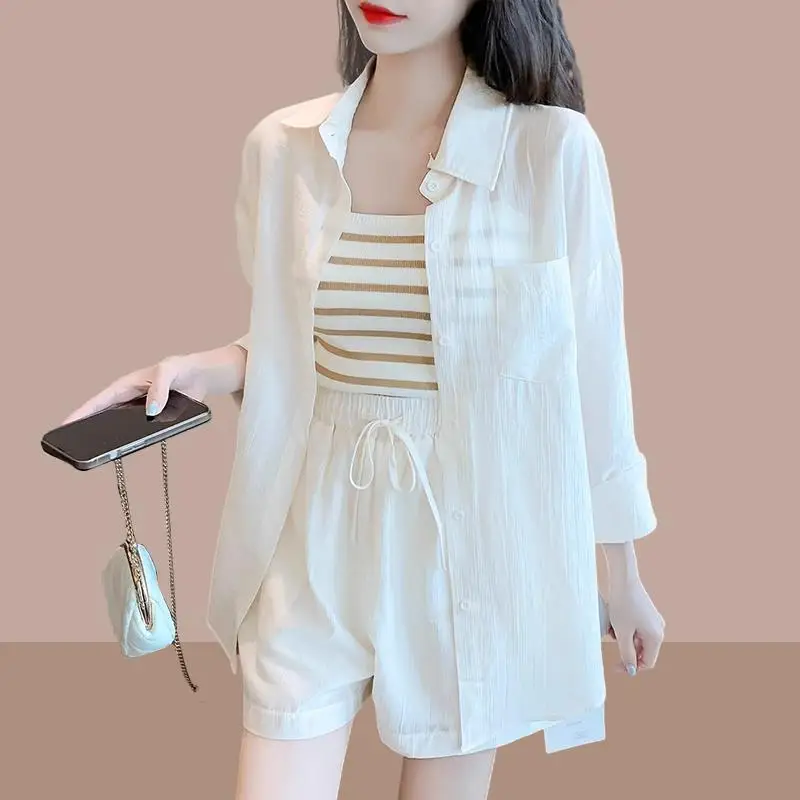 Summer Fashion Women's Three-Piece Set Sun Protection Loose Shirt Strap Vest Shorts Combo New 2026 Compact Size Clothing
Summer Fashion Women's Three-Piece Set Sun Protection Loose Shirt Strap Vest Shorts Combo New 2026 Compact Size Clothing