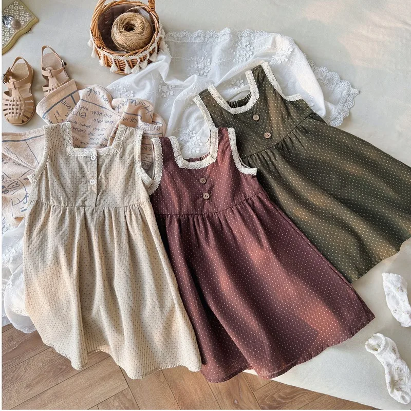 Summer Vintage Lace Trim Girls Dress Polka Dot Jacquard Sleeveless Slip Dress Soft Sleeveless A-Line Dress Kids Clothes Girls
Summer Vintage Lace Trim Girls Dress Polka Dot Jacquard Sleeveless Slip Dress Soft Sleeveless A-Line Dress Kids Clothes Girls