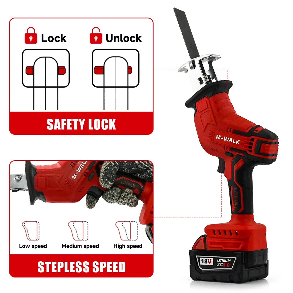 M-WALK Electric Reciprocating Saw Variable Speed Control Wood Metal Pipe Cutting Power Tools For Milwaukee 18V Battery Pin
M-WALK Electric Reciprocating Saw Variable Speed Control Wood Metal Pipe Cutting Power Tools For Milwaukee 18V Battery Pin