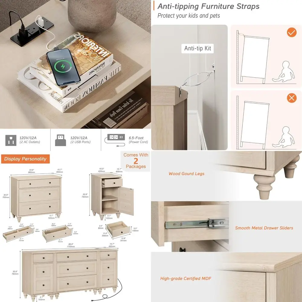 5-Drawer Kids' Bedroom Set with 2 Cabinets, Charging Nightstands, Wide Chest, Beige, 67
5-Drawer Kids' Bedroom Set with 2 Cabinets, Charging Nightstands, Wide Chest, Beige, 67