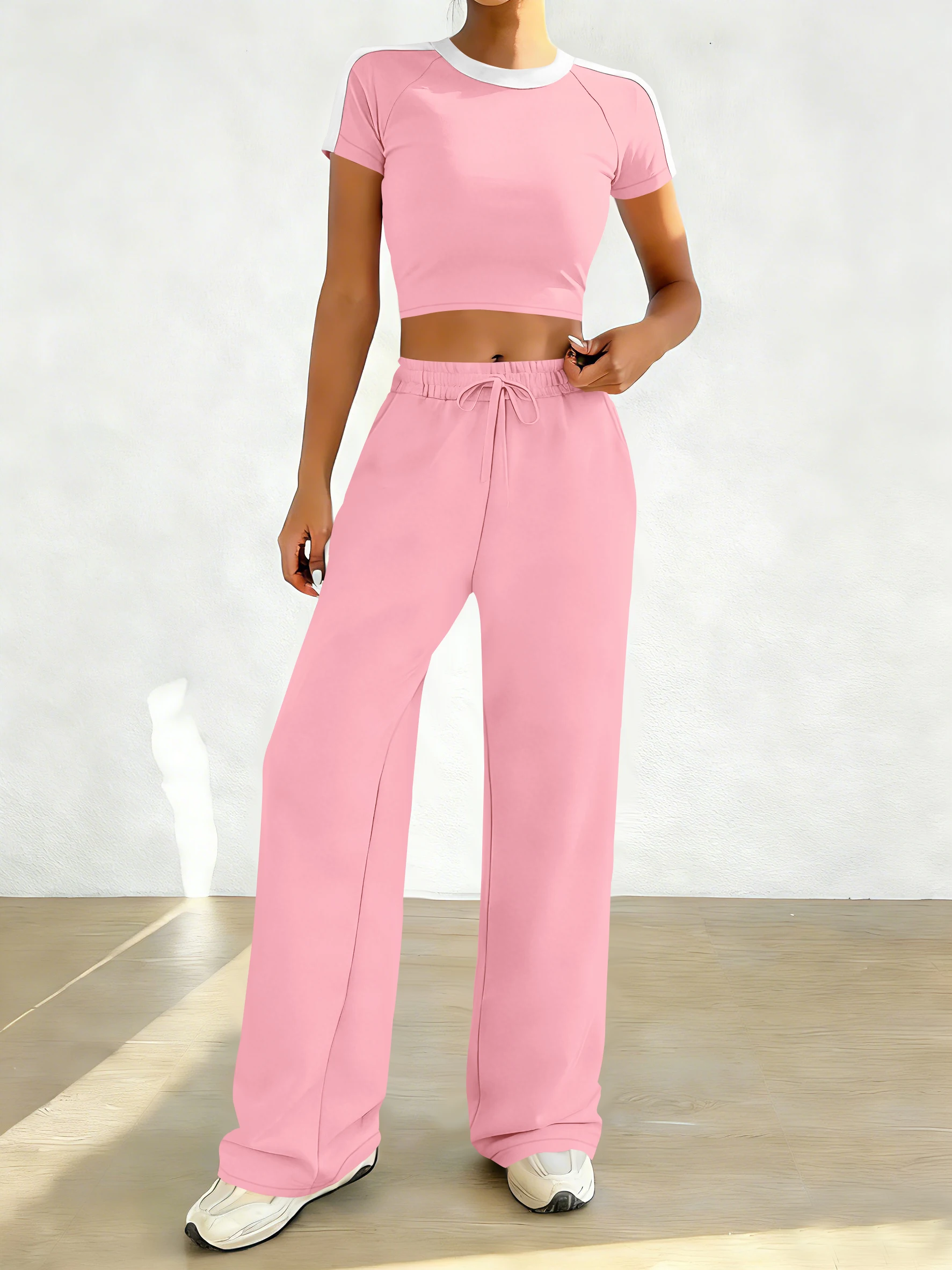 Women's Y2K Style Color Block 2-Piece Outfit, Fitted Raglan Sleeve Crop Top & Drawstring Wide Leg Pants Streetwear
Women's Y2K Style Color Block 2-Piece Outfit, Fitted Raglan Sleeve Crop Top & Drawstring Wide Leg Pants Streetwear