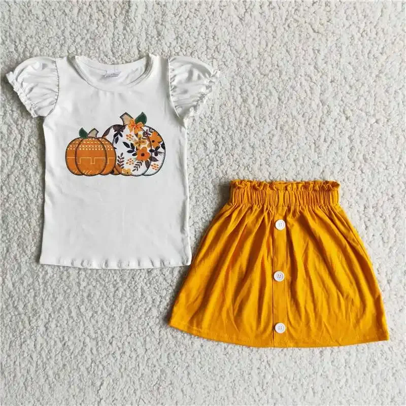 Boutique Children's Clothing Pumpkin Pattern Puff Sleeves White Short Sleeve Top Button Waist Yellow Short Skirt Girls Suit
Boutique Children's Clothing Pumpkin Pattern Puff Sleeves White Short Sleeve Top Button Waist Yellow Short Skirt Girls Suit