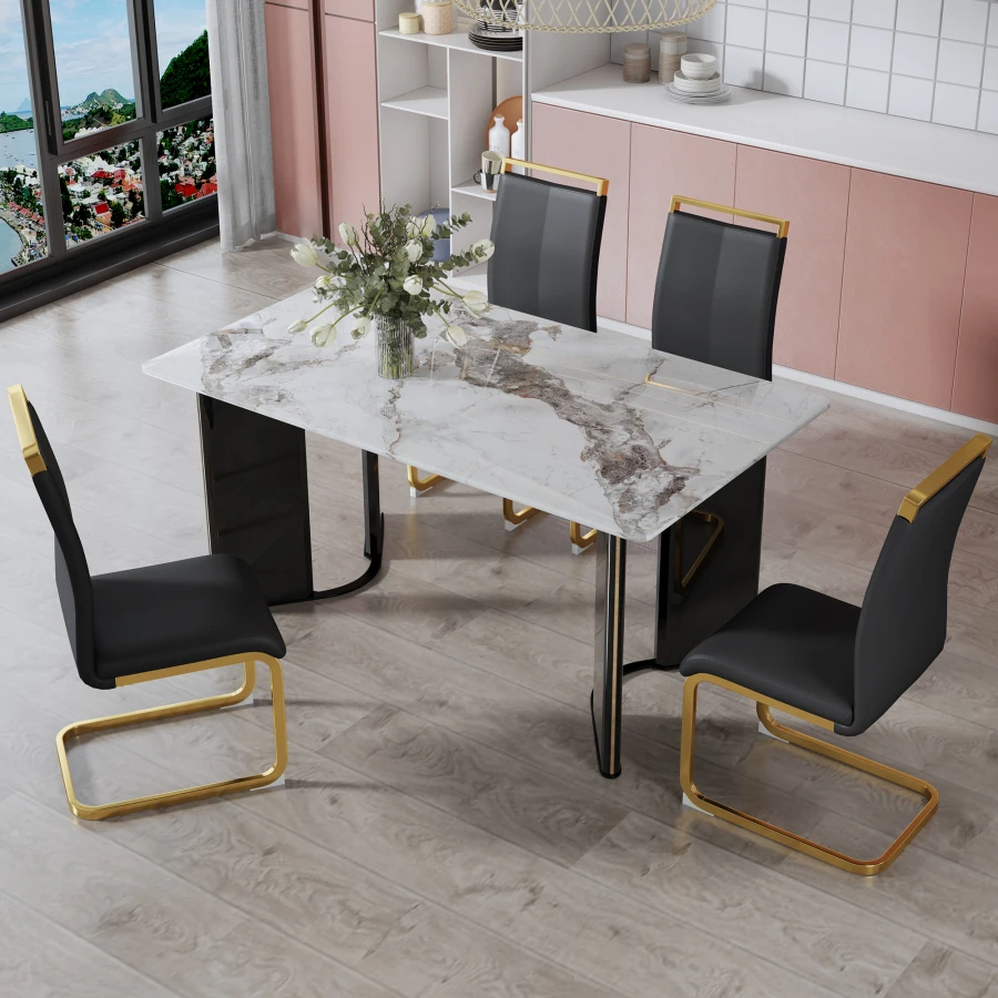 Table and chair set. 1 table and 4 black PU cushioned golden color leg chairs. White imitation marble tabletop MDF table legs w
Table and chair set. 1 table and 4 black PU cushioned golden color leg chairs. White imitation marble tabletop MDF table legs w