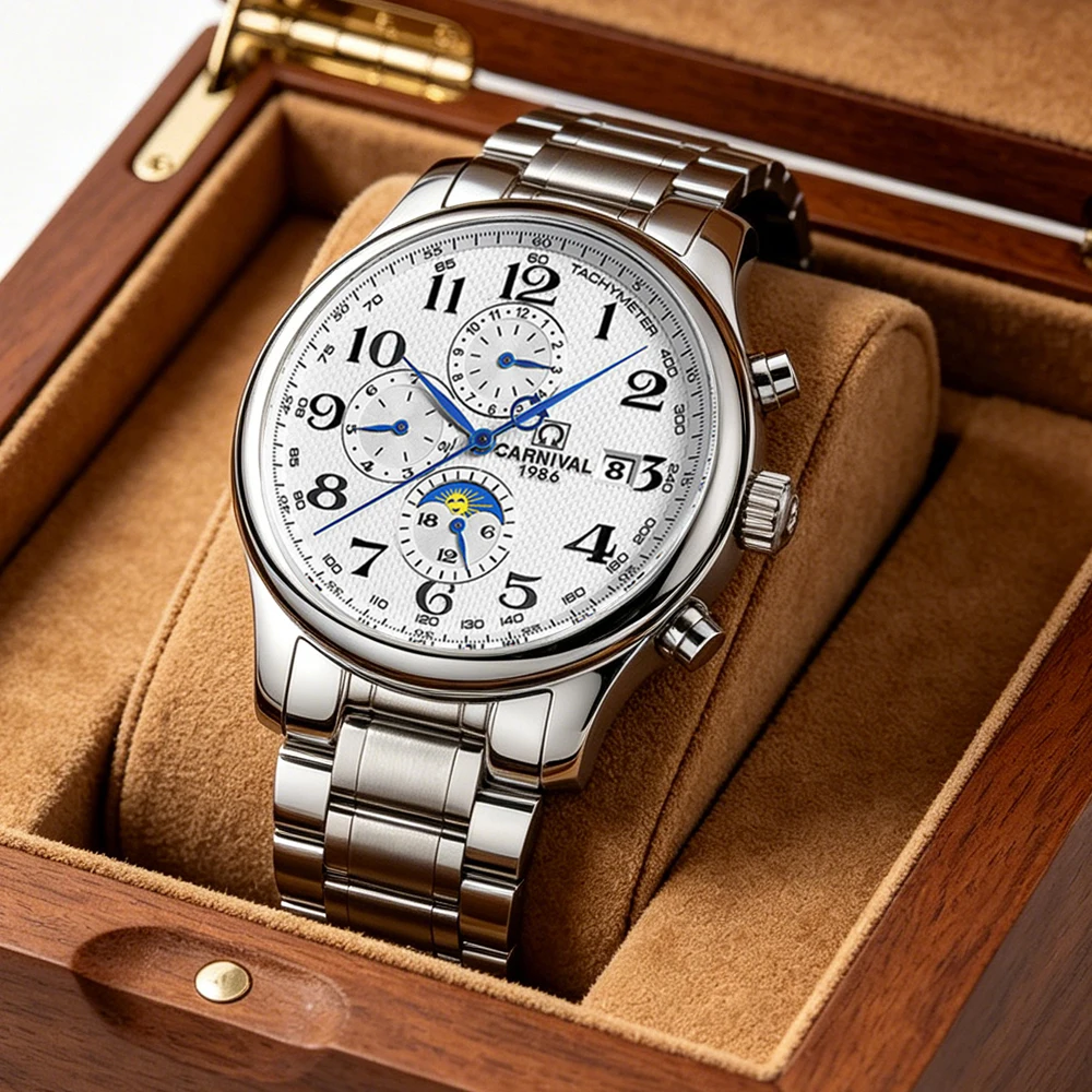 Carnival Luxury Brand Moon Phase Business Mens Mechanical Watches Waterproof Stainless Steel Automatic Wristwatch Men Clock
Carnival Luxury Brand Moon Phase Business Mens Mechanical Watches Waterproof Stainless Steel Automatic Wristwatch Men Clock