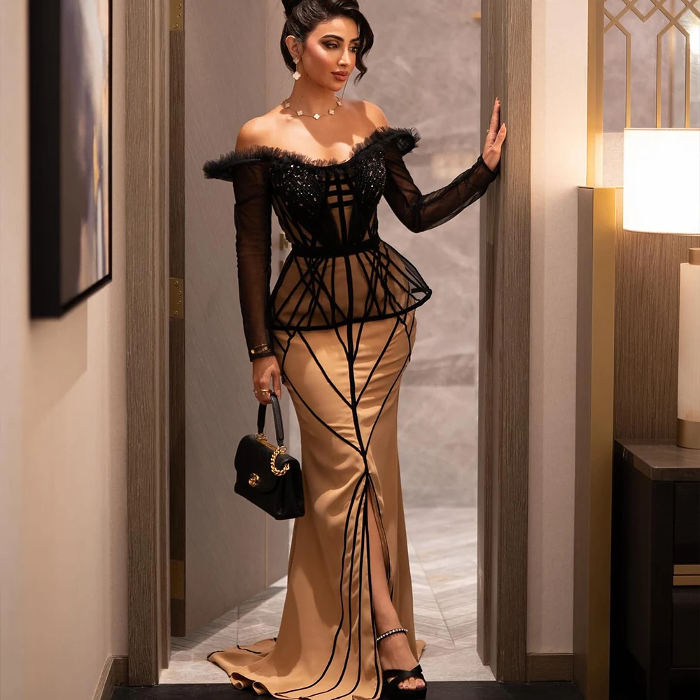 Elegant Black Evening Dresses Off Shoulder Long Sleeve Prom Dress Mermaid Feather Wedding Guest Dress Customized robes de soirée
Elegant Black Evening Dresses Off Shoulder Long Sleeve Prom Dress Mermaid Feather Wedding Guest Dress Customized robes de soirée