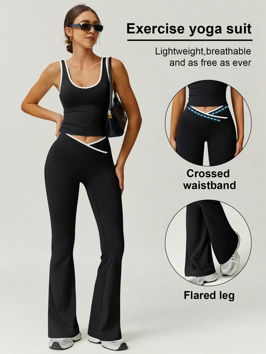 Women 2pcs Sports Vest And Flare Pants Set Contrast Color Crossed Waistband Lightweight Breathable
Women 2pcs Sports Vest And Flare Pants Set Contrast Color Crossed Waistband Lightweight Breathable