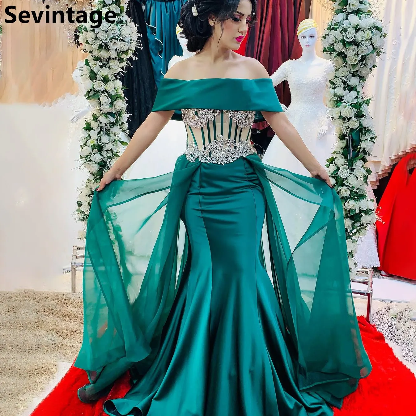 Sevintage Emerald Green Mermaid Off Shoulder Evening Dress Wedding Party Satin Beaded Prom Dress Dubai Party Gown Customized
Sevintage Emerald Green Mermaid Off Shoulder Evening Dress Wedding Party Satin Beaded Prom Dress Dubai Party Gown Customized