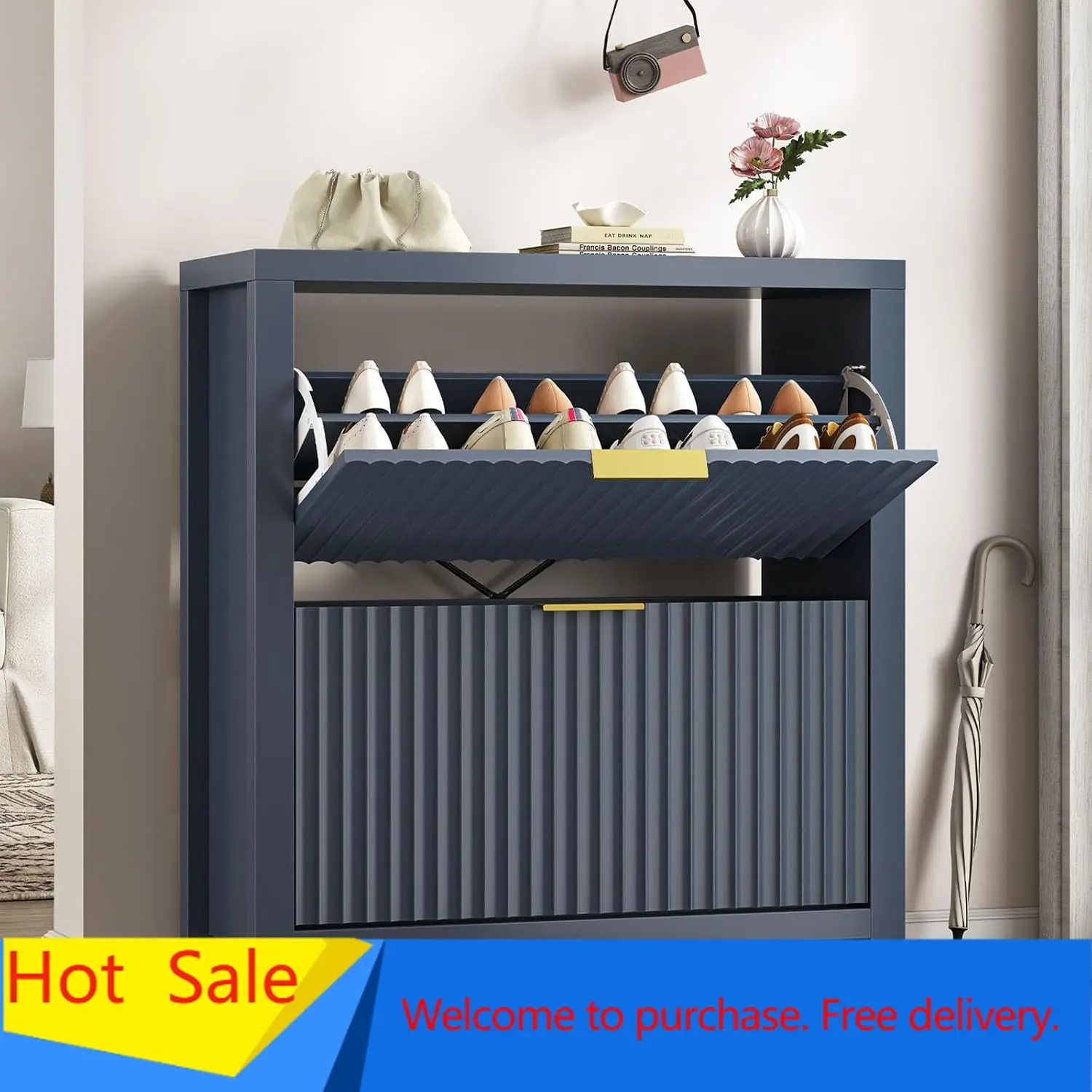 Cabinet Storage for Entryway, Fluted Shoe Cabinet with 2 Flip Drawers, Hidden Rack Tall Freestanding Organizer wi
Cabinet Storage for Entryway, Fluted Shoe Cabinet with 2 Flip Drawers, Hidden Rack Tall Freestanding Organizer wi