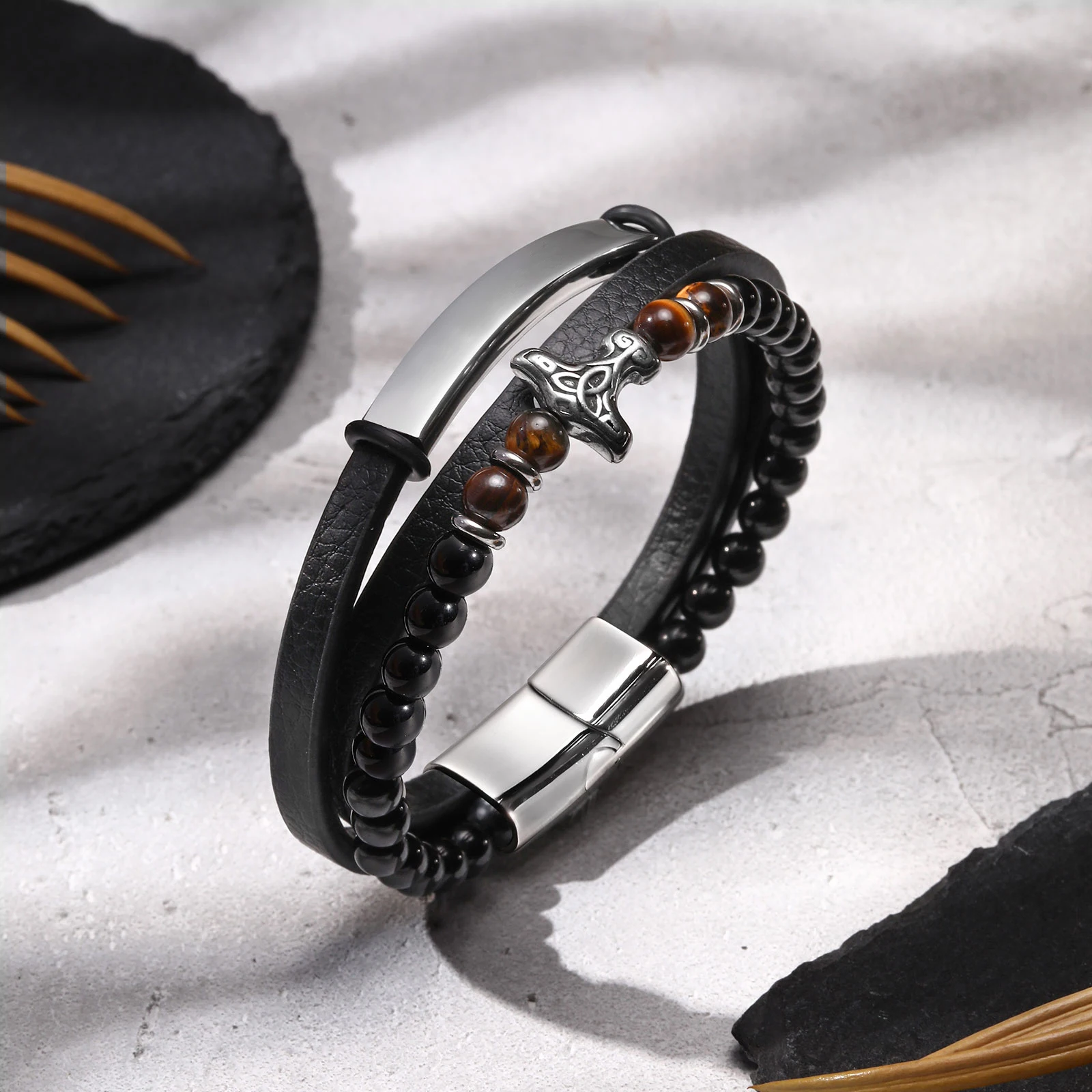 Men's Viking Thunder Hammer Leather Bracelet,Stainless Steel Full Light Curved Metal Bar,Black Microfiber Leather Wristband Gift 
Men's Viking Thunder Hammer Leather Bracelet,Stainless Steel Full Light Curved Metal Bar,Black Microfiber Leather Wristband Gift