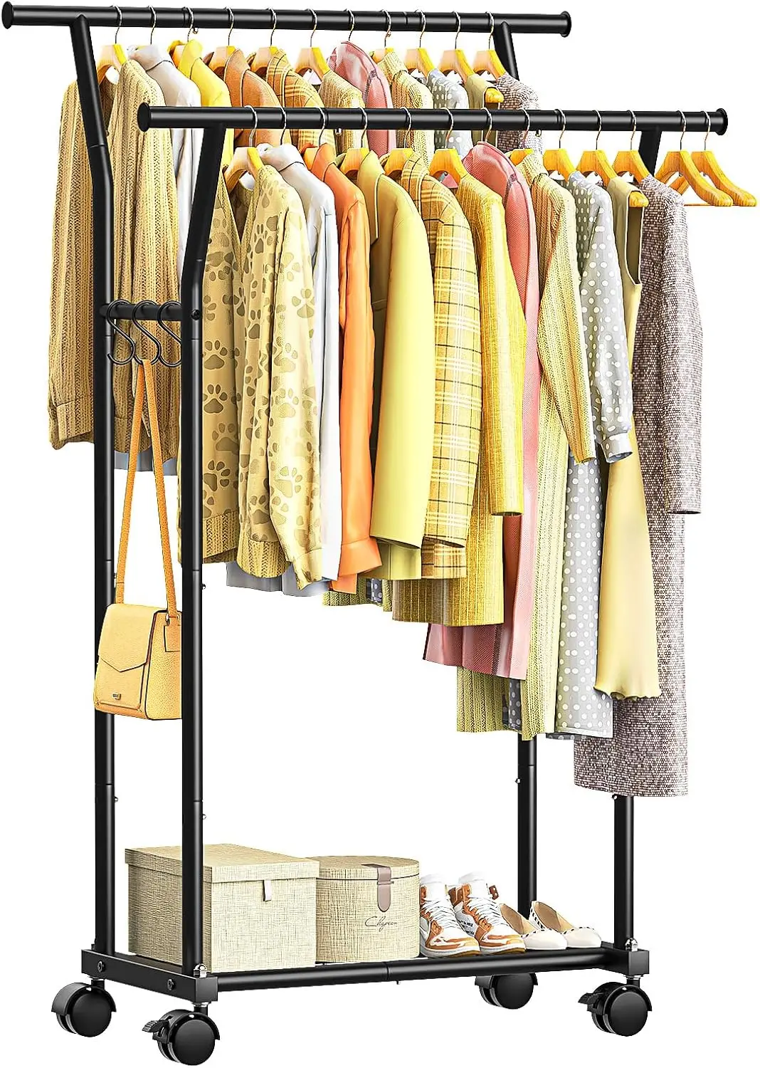 Double Rods Clothes Rack for Hanging Clothes, Rolling Clothing Rack with Side Hooks, Bottom Shelves, 360° Wheels, Garment Ra
Double Rods Clothes Rack for Hanging Clothes, Rolling Clothing Rack with Side Hooks, Bottom Shelves, 360° Wheels, Garment Ra
