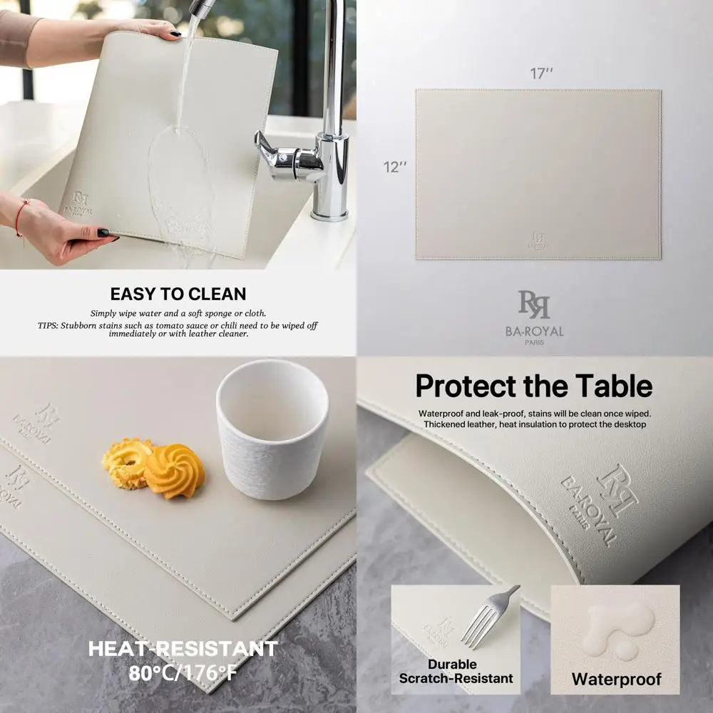 Набор из 12 кремово-белых салфеток из искусственной кожи — водонепроницаемые, чистые, термостойкие для внутреннего и наружного использования.
Набор из 12 кремово-белых салфеток из искусственной кожи — водонепроницаемые, чистые, термостойкие для внутреннего и наружного использования.