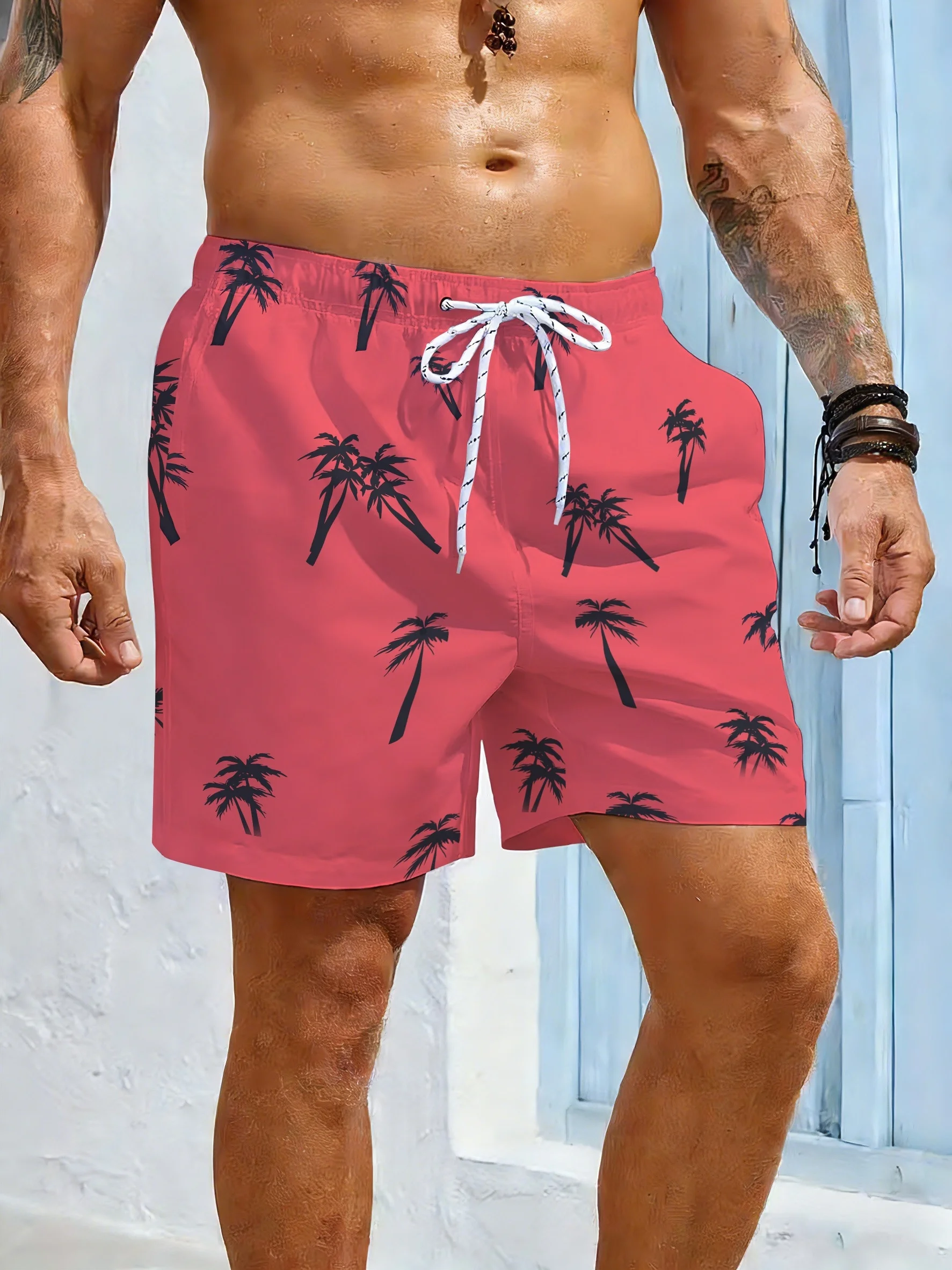Men's Summer Quick Dry Beach Shorts, Coral Red and Black Palm Tree Print Drawstring Casual Board Shorts with Pockets
Men's Summer Quick Dry Beach Shorts, Coral Red and Black Palm Tree Print Drawstring Casual Board Shorts with Pockets