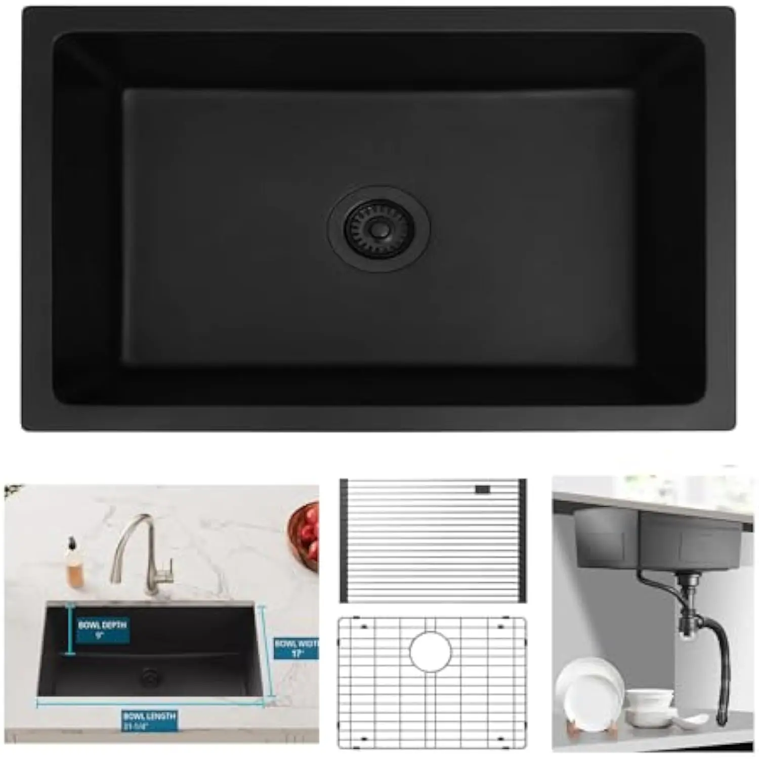 Undermount Kitchen Sink, 33 Black-Grey Single Bowl Kitchen Sink, 16 Gauge Stainless Steel Nano Black Sink with Accessories for W
Undermount Kitchen Sink, 33 Black-Grey Single Bowl Kitchen Sink, 16 Gauge Stainless Steel Nano Black Sink with Accessories for W