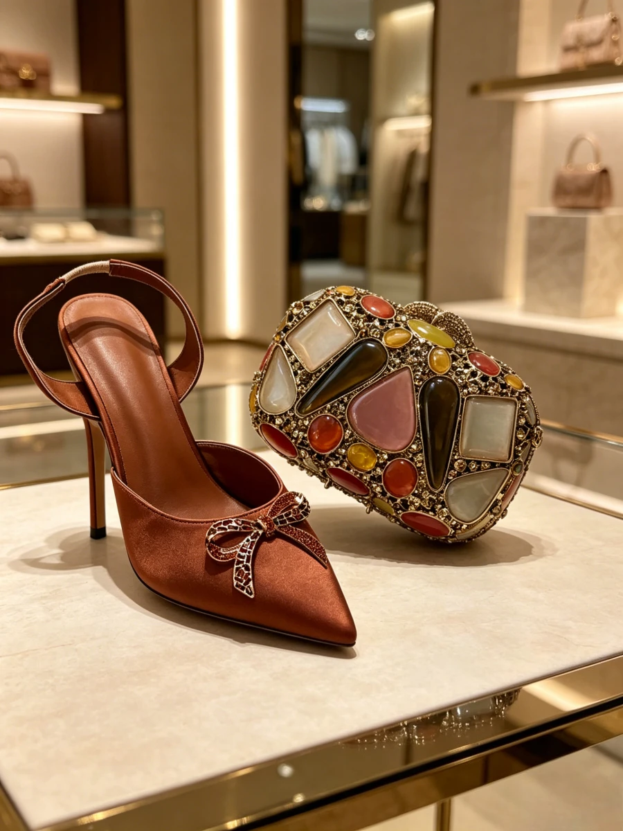 2026 Caramel Satin Bow Rhinestone Slingback Heels & Multicolor Gemstone Clutch Bag Set Women Runway Party Evening Fashion Shoes
2026 Caramel Satin Bow Rhinestone Slingback Heels & Multicolor Gemstone Clutch Bag Set Women Runway Party Evening Fashion Shoes