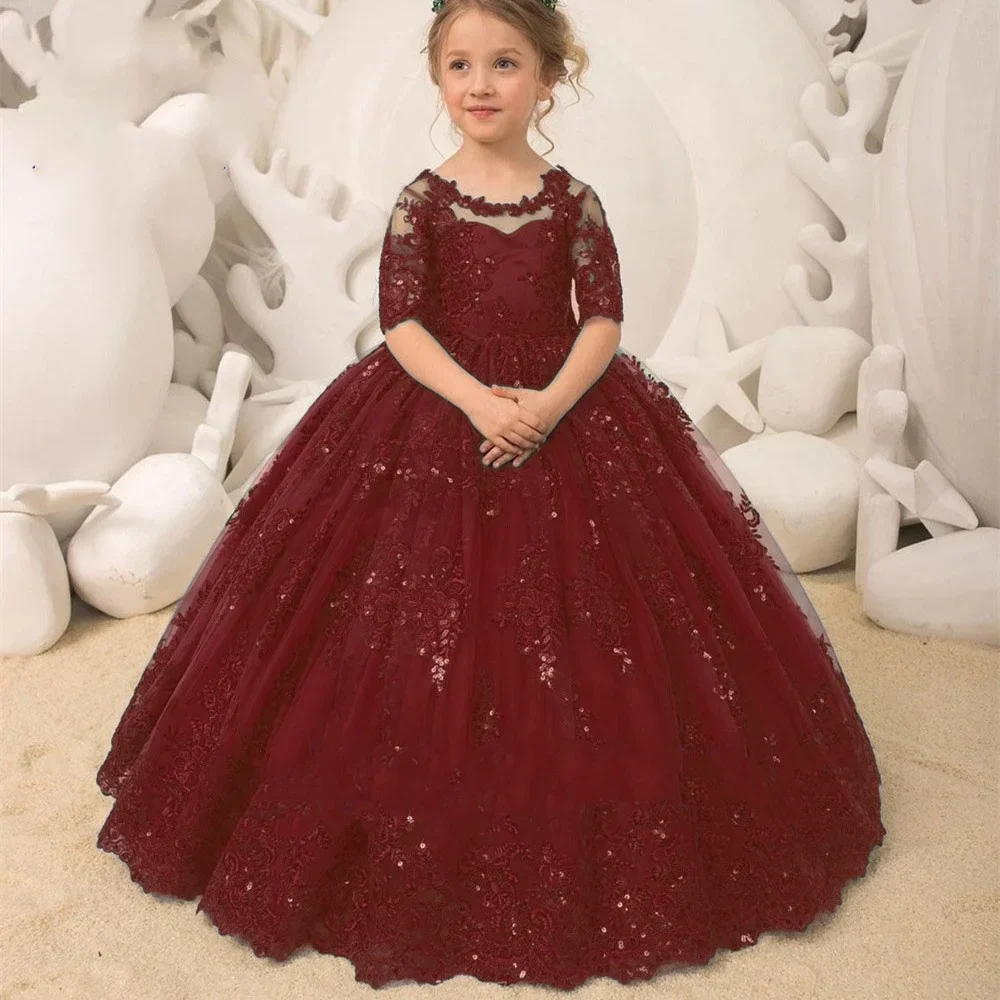 Flower Girl Dress Tulle Lace Long Half Sleeve Sequin Bow Belt Child for Wedding Birthday First Communion
Flower Girl Dress Tulle Lace Long Half Sleeve Sequin Bow Belt Child for Wedding Birthday First Communion