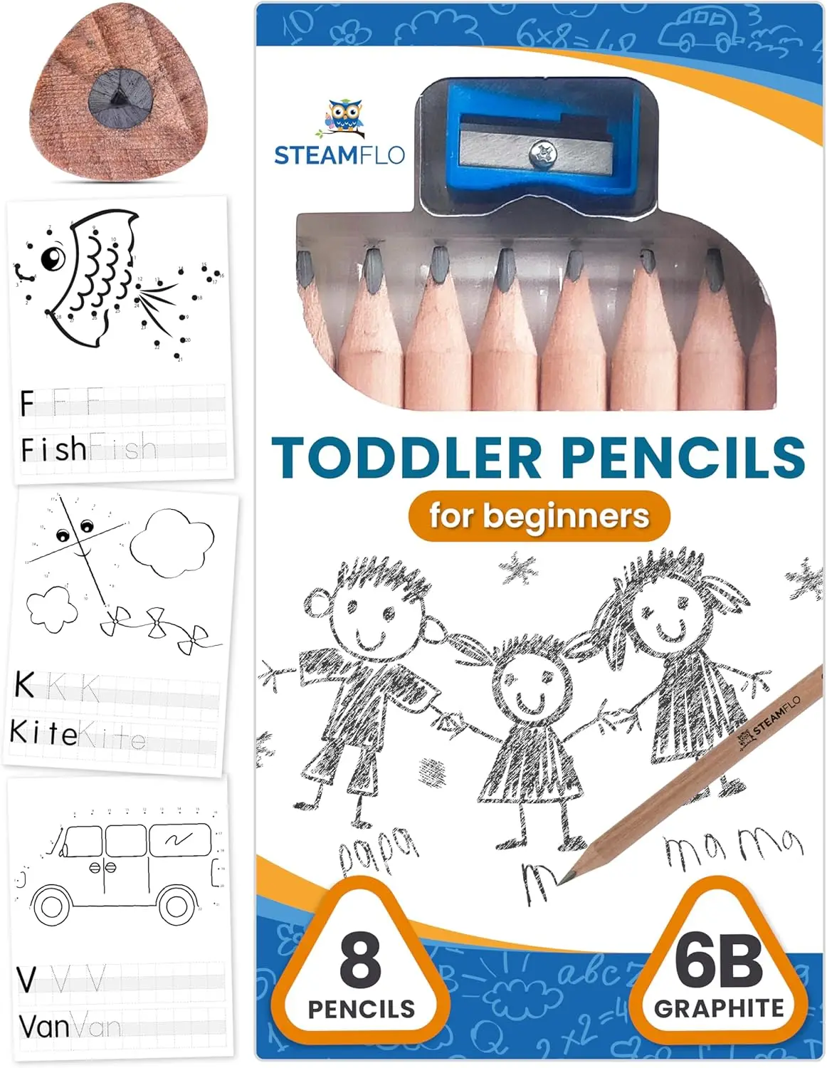 Toddler Learning Pencils for Ages 2-4, Jumbo Triangle Shape with Soft Graphite and Sharpener (8-Pack)
Toddler Learning Pencils for Ages 2-4, Jumbo Triangle Shape with Soft Graphite and Sharpener (8-Pack)