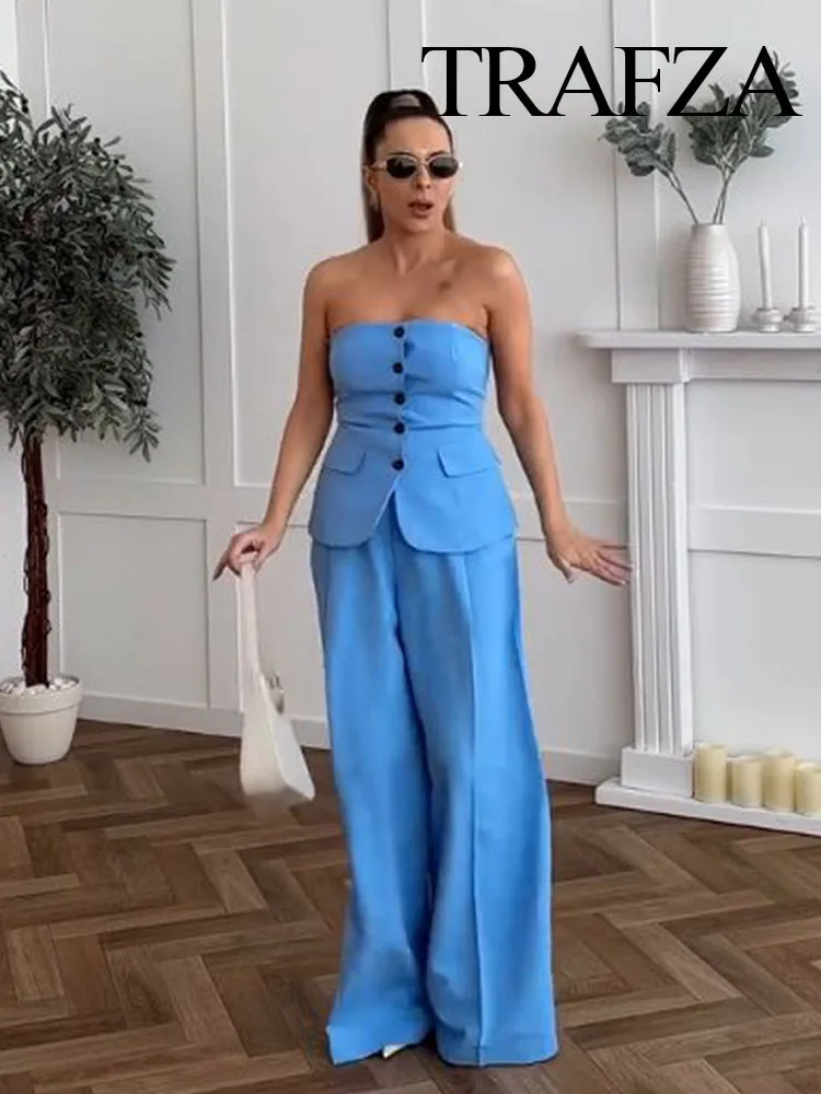 TRAFZA Summer Women Fashion Solid Sleeveless Pants Suit Hem Pointed Embellishment Lace Texture Top+Chic High Waist Long Pant
TRAFZA Summer Women Fashion Solid Sleeveless Pants Suit Hem Pointed Embellishment Lace Texture Top+Chic High Waist Long Pant