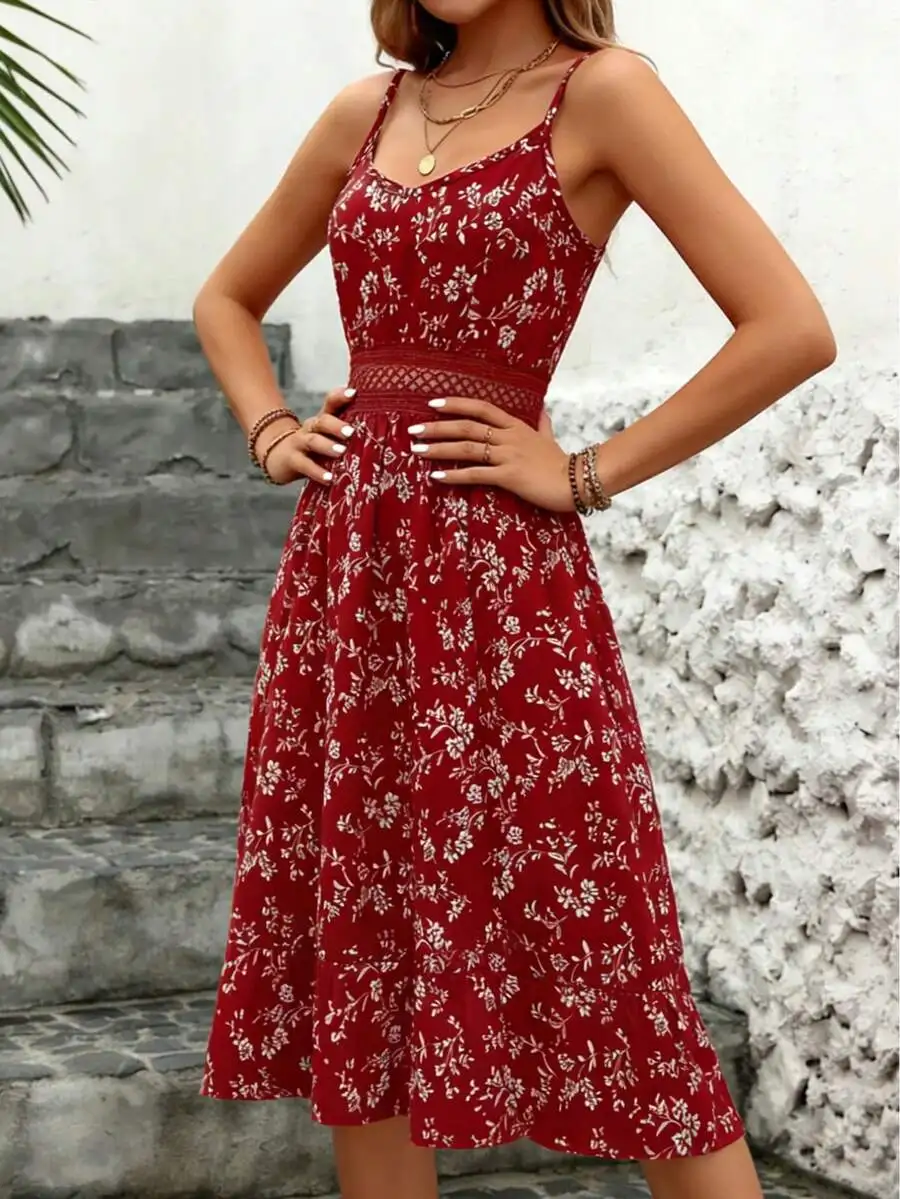 Womens Summer Floral Print Spaghetti Strap A-Line Dress With Lace Waist And Ruffle Hem
Womens Summer Floral Print Spaghetti Strap A-Line Dress With Lace Waist And Ruffle Hem
