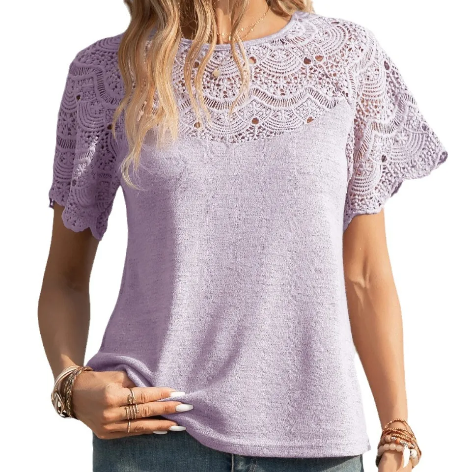 2025 Spring Fashion Round Neck Lace Short-sleeved T-shirt Top Casual Vacation Women's T-shirt
2025 Spring Fashion Round Neck Lace Short-sleeved T-shirt Top Casual Vacation Women's T-shirt