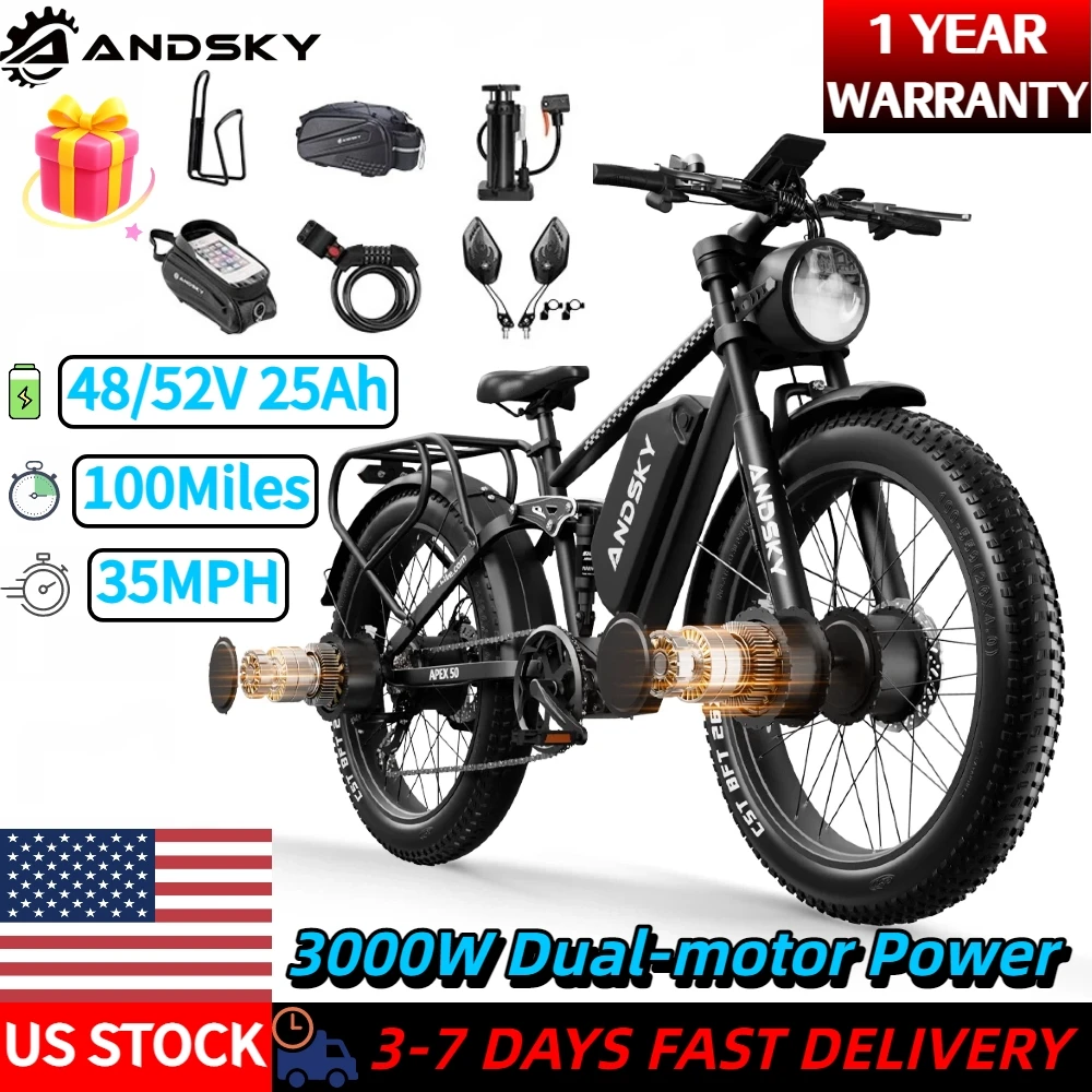 ANDSKY Apex 50 Electric Bicycle 3000W Dual-motor Power 48V/52V 25Ah Off-Road Electric Bike 35MPH Top Speed 100Miles Long Range Full Suspension 26 Inch All Terrain Fat Tire Hydraulic Brakes City E-bike with 6-Piece Kit
ANDSKY Apex 50 Electric Bicycle 3000W Dual-motor Power 48V/52V 25Ah Off-Road Electric Bike 35MPH Top Speed 100Miles Long Range Full Suspension 26 Inch All Terrain Fat Tire Hydraulic Brakes City E-bike with 6-Piece Kit