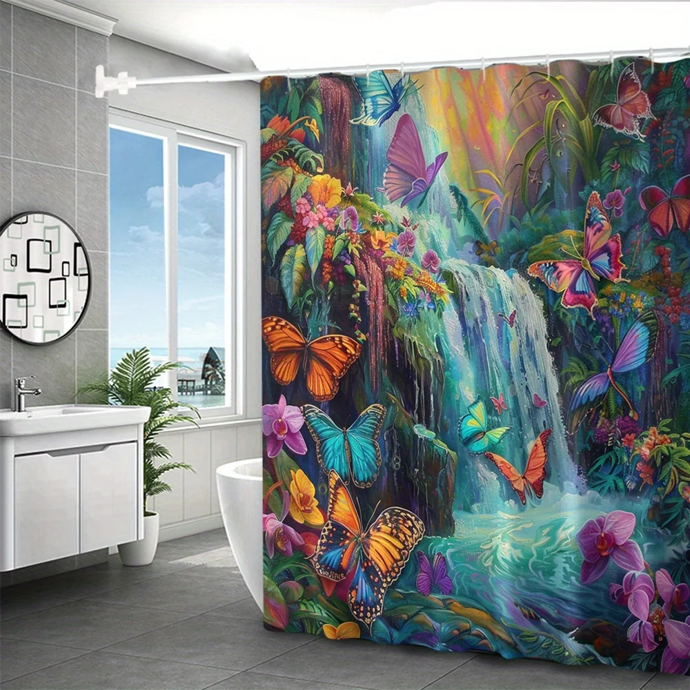 Water-Resistant Polyester Shower Curtain Set with Colorful Butterfly and Waterfall Design, Including Hooks, Machine Washable, An
Water-Resistant Polyester Shower Curtain Set with Colorful Butterfly and Waterfall Design, Including Hooks, Machine Washable, An