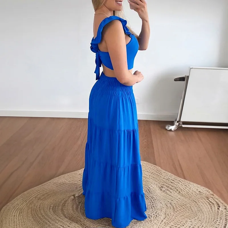 Fashion Pleat Solid 2Pc Outfits Sexy Off Shoulder Sling Top and Long Skirt Suit Women's Elegant Elastic Waist Vacation Style Set
Fashion Pleat Solid 2Pc Outfits Sexy Off Shoulder Sling Top and Long Skirt Suit Women's Elegant Elastic Waist Vacation Style Set