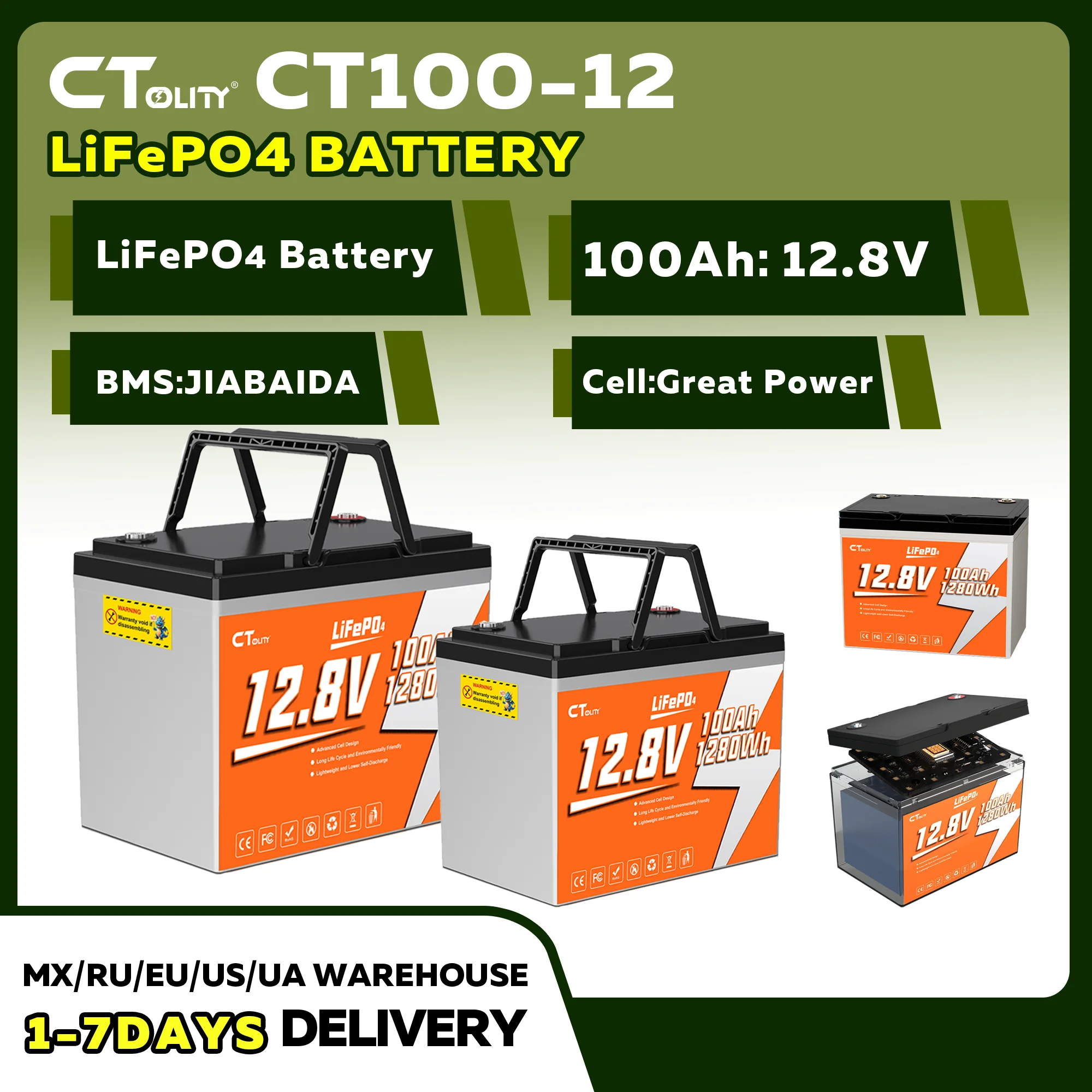 CTOLITY 4 шт. CT100-12 12.8В 100Ач LiFePO4 аккумуляторы с BMS для 12В аккумуляторов, ксеноновых фар, систем хранения солнечной энергии, инверторов
CTOLITY 4 шт. CT100-12 12.8В 100Ач LiFePO4 аккумуляторы с BMS для 12В аккумуляторов, ксеноновых фар, систем хранения солнечной энергии, инверторов