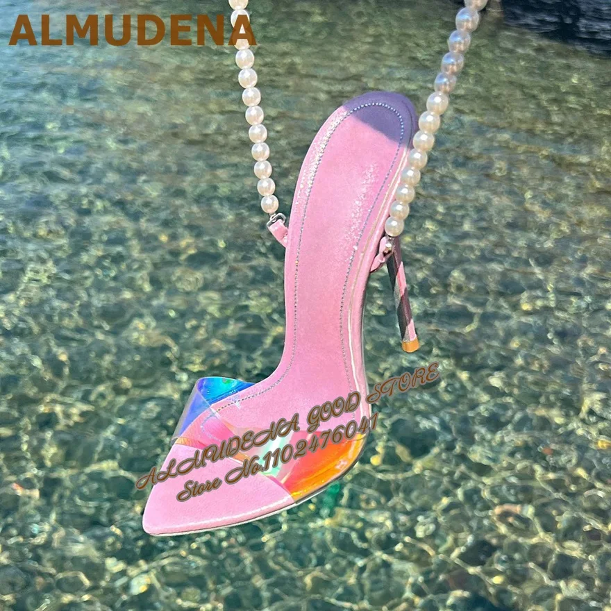 ALMUDENA Pink Hologram Iridescent Clear Pvc High Heel Sandals White Pearl Chain Strap Dress Shoes String Beaded Clear Pumps
ALMUDENA Pink Hologram Iridescent Clear Pvc High Heel Sandals White Pearl Chain Strap Dress Shoes String Beaded Clear Pumps