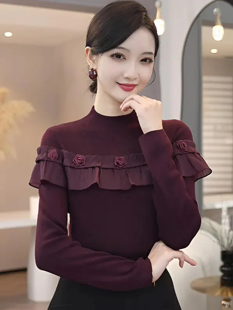 Ele Wine Red Lace Sve Knitted Sweater Women's Autumn Winter Faionable Base irt Trendy round Ne Long Sve Top
Ele Wine Red Lace Sve Knitted Sweater Women's Autumn Winter Faionable Base irt Trendy round Ne Long Sve Top