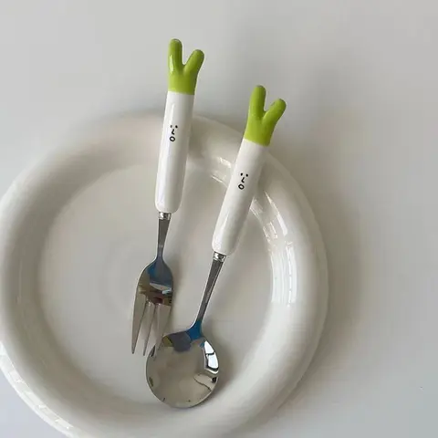 Cute Cartoon Green Onion Stainless Steel Ceramic Tableware Creative Family Spoon and Fork Birthday Gifts for Boys Girls