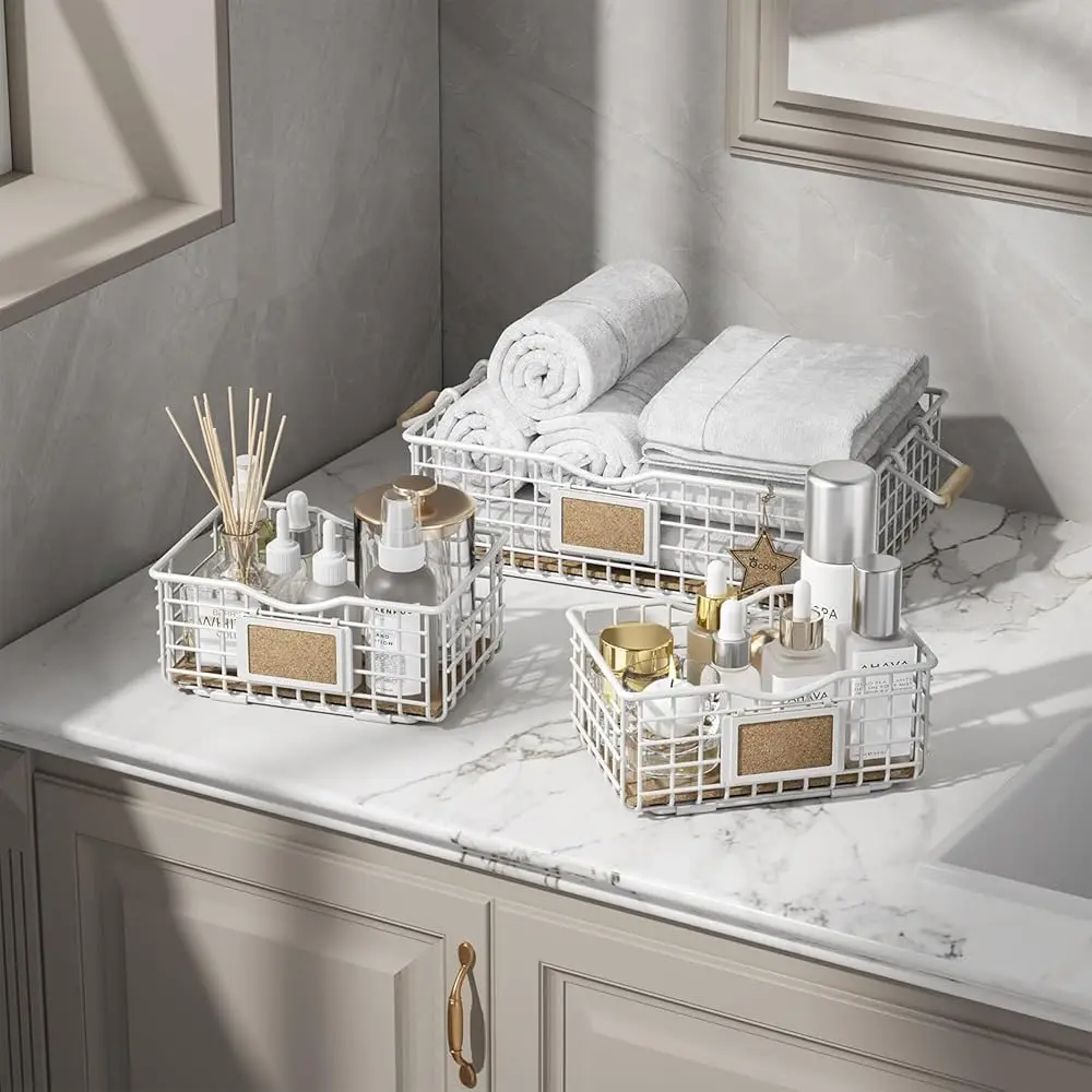 Bathroom Organizers And Storage, 3 Pa Storage Baskets For Shelves, Multipurpose Bins Organizer With Wooden Handles, Decorative
Bathroom Organizers And Storage, 3 Pa Storage Baskets For Shelves, Multipurpose Bins Organizer With Wooden Handles, Decorative