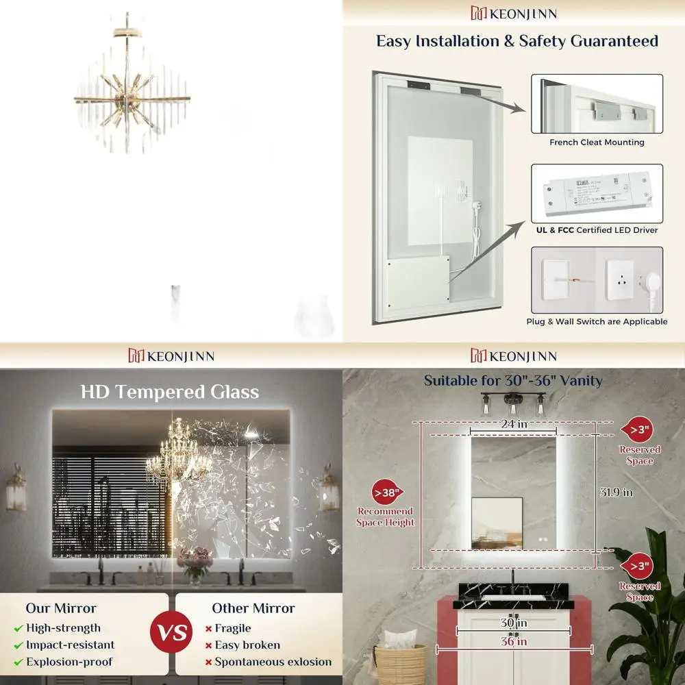 Зеркало для ванной комнаты со светодиодной подсветкой, противотуманное, 24x32, с подсветкой, CRI90+, HD с регулируемой яркостью, водонепроницаемое, внесенное в список UL
Зеркало для ванной комнаты со светодиодной подсветкой, противотуманное, 24x32, с подсветкой, CRI90+, HD с регулируемой яркостью, водонепроницаемое, внесенное в список UL