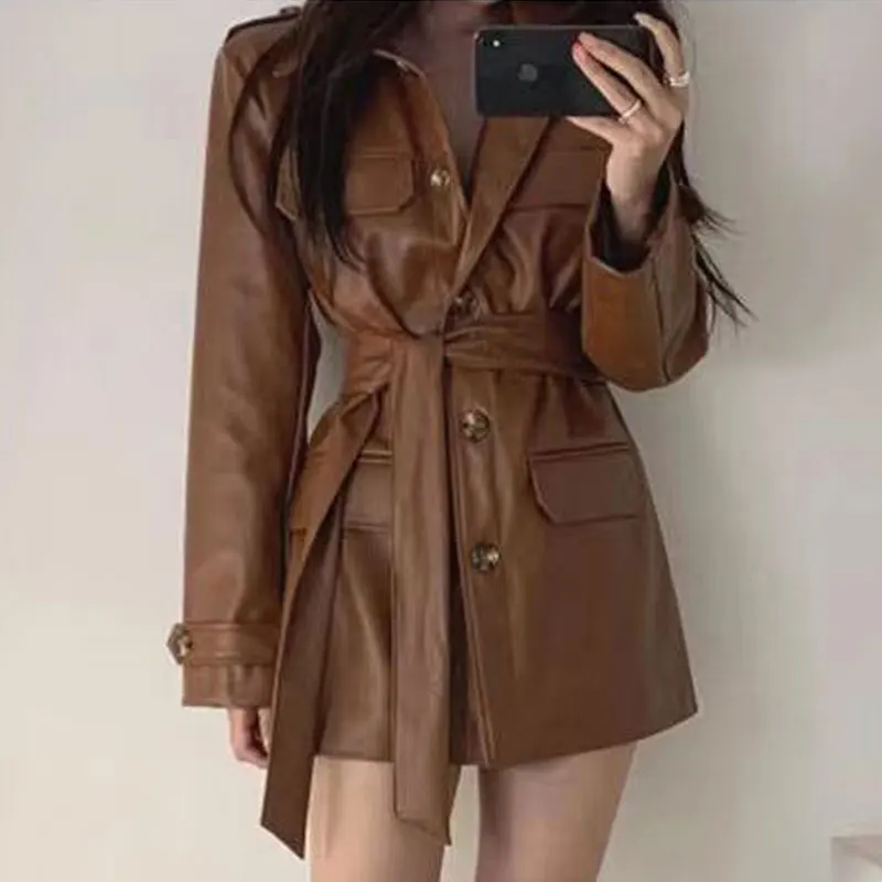 Sli Retro Deep Brown PU Leather Jaet Belted Mid-Length Biker Coat Women's Faionable Outerwear Commute Loose Fit Long ...
Sli Retro Deep Brown PU Leather Jaet Belted Mid-Length Biker Coat Women's Faionable Outerwear Commute Loose Fit Long ...