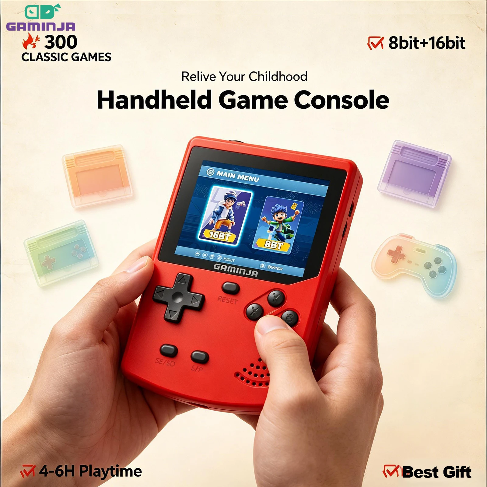GAMINJA Retro Handheld Video Game Console Built-in 8bit+16bit Dual Core 300 Classic Games 2.8" HD Color Display Portable Gift
GAMINJA Retro Handheld Video Game Console Built-in 8bit+16bit Dual Core 300 Classic Games 2.8" HD Color Display Portable Gift