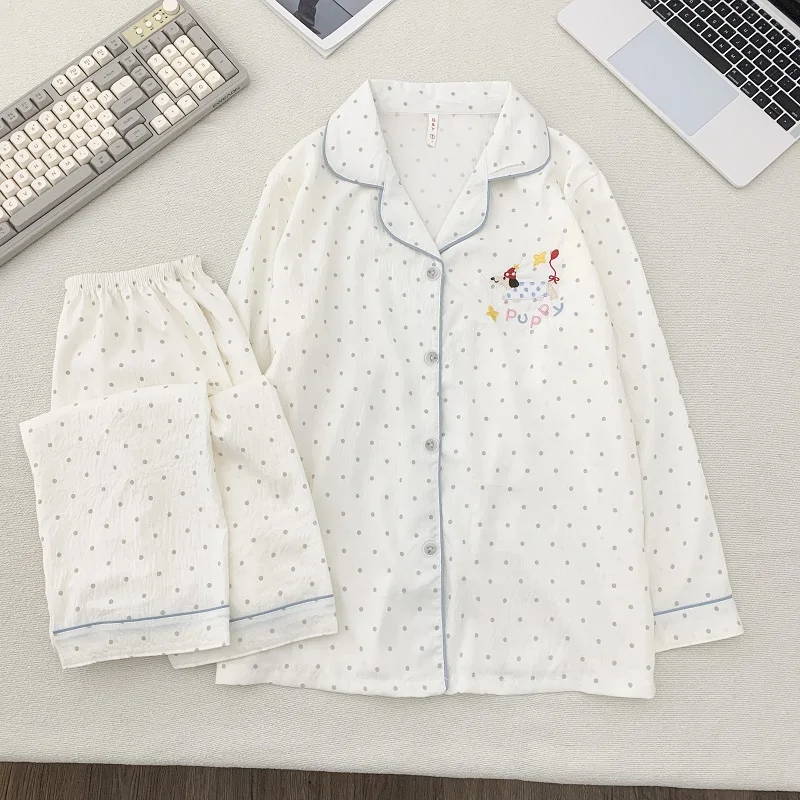 Embroidery Kawaii Dog Letter Design Plus Size Pajamas Set for Women Vintage Dot Print Lapel Neck Pajamas Spring New Nightwear
Embroidery Kawaii Dog Letter Design Plus Size Pajamas Set for Women Vintage Dot Print Lapel Neck Pajamas Spring New Nightwear