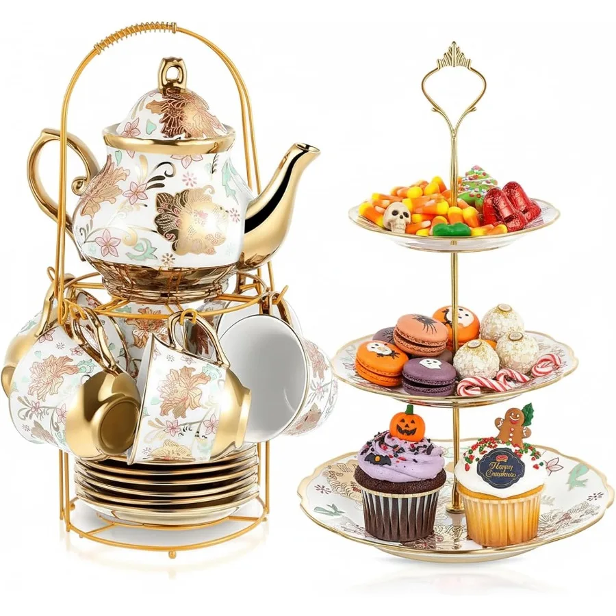 21 Pcs Tea Party Set for Adults European Floral Tea Set with Metal Holder and 3 Tier Ceramic Cake Stand Porcelain Flower Cup Te
21 Pcs Tea Party Set for Adults European Floral Tea Set with Metal Holder and 3 Tier Ceramic Cake Stand Porcelain Flower Cup Te
