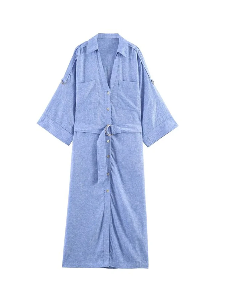 Women MIDI Shirts Dress 2026 Summer V-Neck Belt 3/4 Sleeve Solid Linen Female Elegant Street Dresses Clothing
Women MIDI Shirts Dress 2026 Summer V-Neck Belt 3/4 Sleeve Solid Linen Female Elegant Street Dresses Clothing