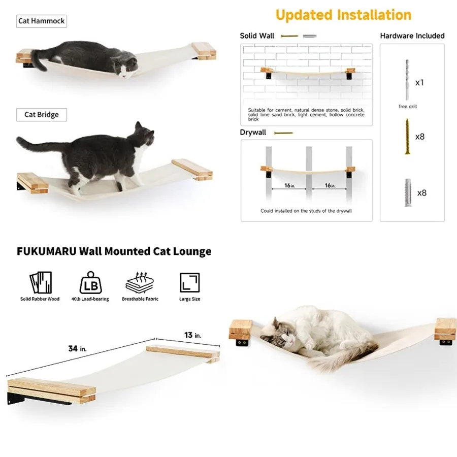 Cat Wall Furniture, 34 x 13 inch Cats Hammock Shelves, Rubberwood Kitten Window Perch, Easy DIY Installation
Cat Wall Furniture, 34 x 13 inch Cats Hammock Shelves, Rubberwood Kitten Window Perch, Easy DIY Installation