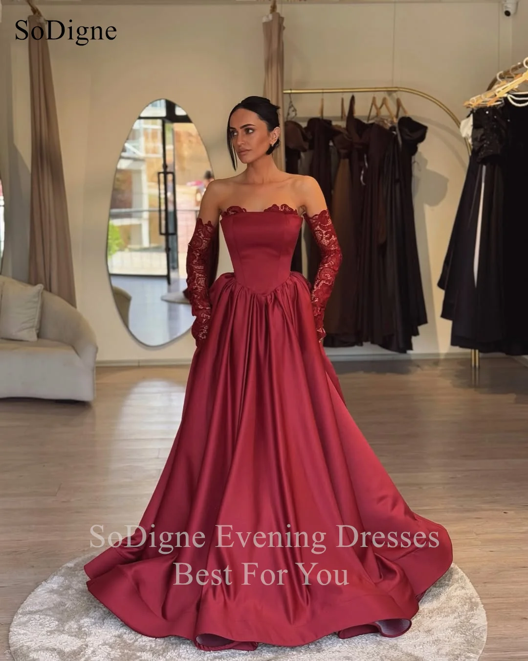 SoDigne Elegant A-Line Satin Evening Dresses Red Lace Strapless Party Dress Draped Formal Occasion Prom Gowns
SoDigne Elegant A-Line Satin Evening Dresses Red Lace Strapless Party Dress Draped Formal Occasion Prom Gowns