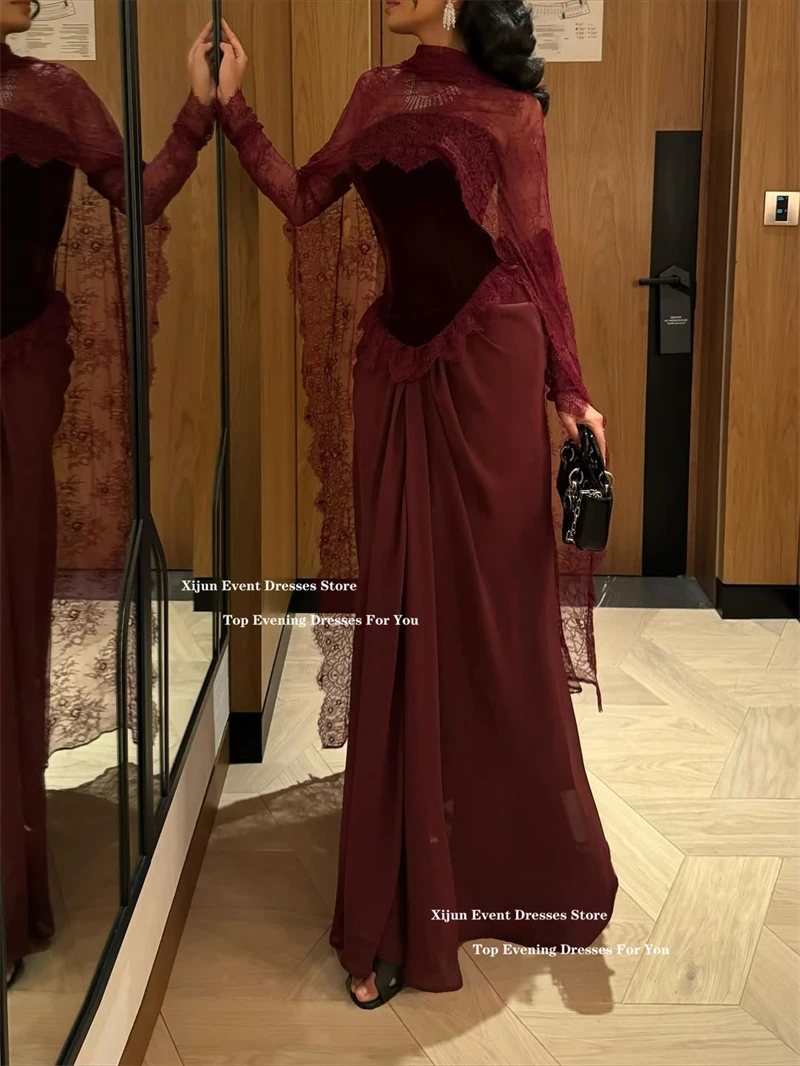 Xijun Luxury Burgundy Lace Evening Dresses Cape Sleeves Velvet Formal Prom Dresses Saudi Arabic High Collar Prom Gown Customized
Xijun Luxury Burgundy Lace Evening Dresses Cape Sleeves Velvet Formal Prom Dresses Saudi Arabic High Collar Prom Gown Customized