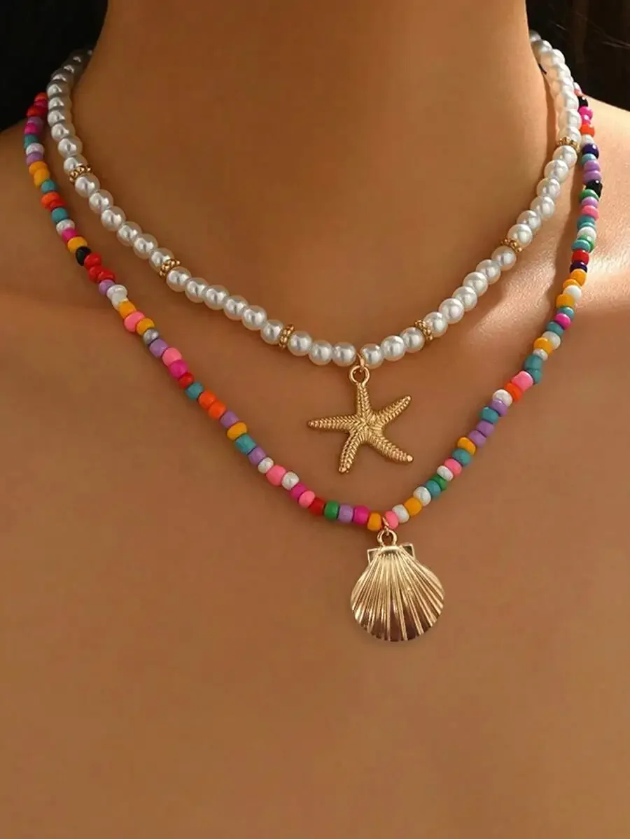 Double Layer Choker Necklace With Starfish And Shell Pendant, Mixed Color Beaded Pearl Fashion Jewelry For Women
Double Layer Choker Necklace With Starfish And Shell Pendant, Mixed Color Beaded Pearl Fashion Jewelry For Women