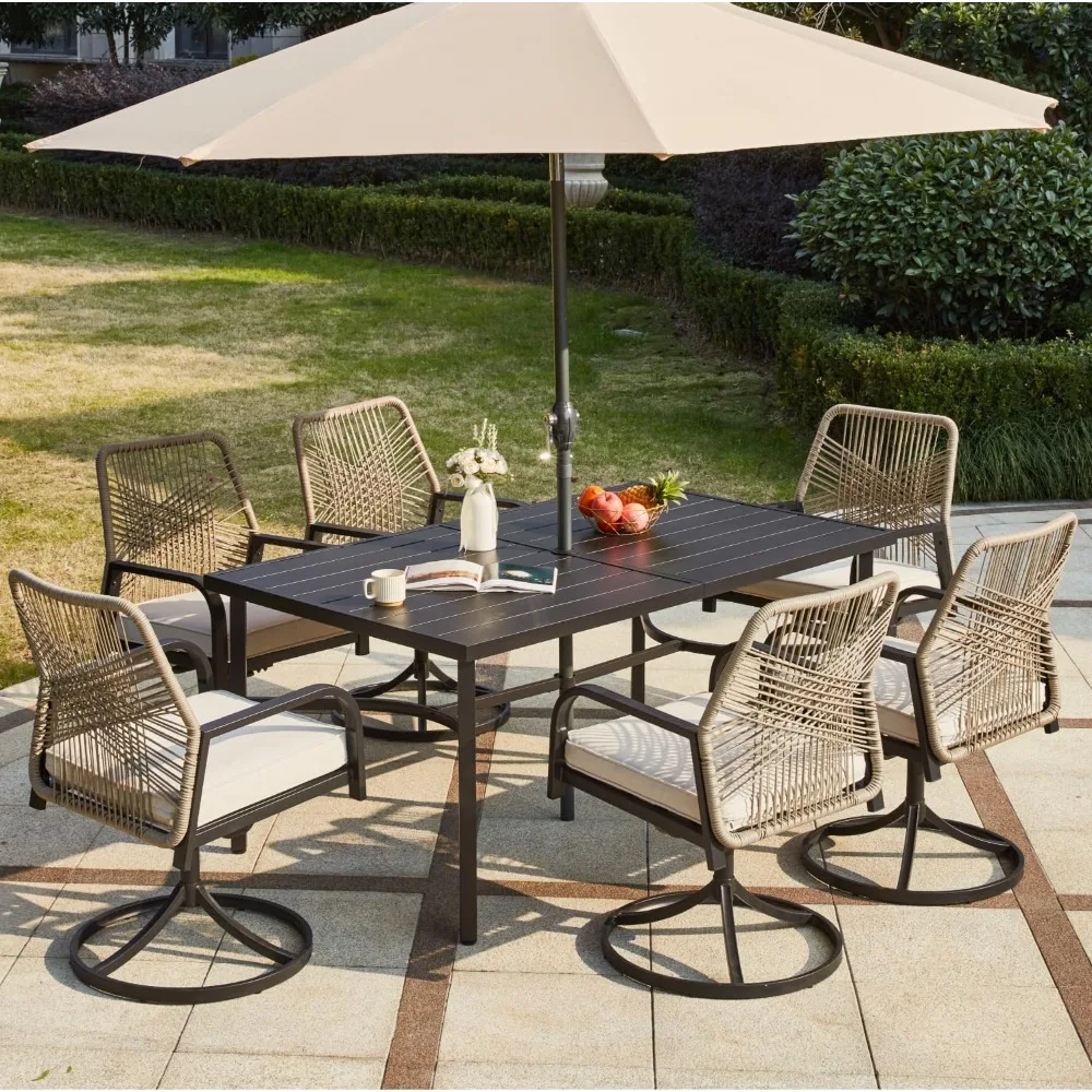 7 Pcs Outdoor Dining Set, 6 Swivel Rattan Chairs with Thick Cushions & Dining Table with Umbrella Hole, Patio Furniture Set
7 Pcs Outdoor Dining Set, 6 Swivel Rattan Chairs with Thick Cushions & Dining Table with Umbrella Hole, Patio Furniture Set