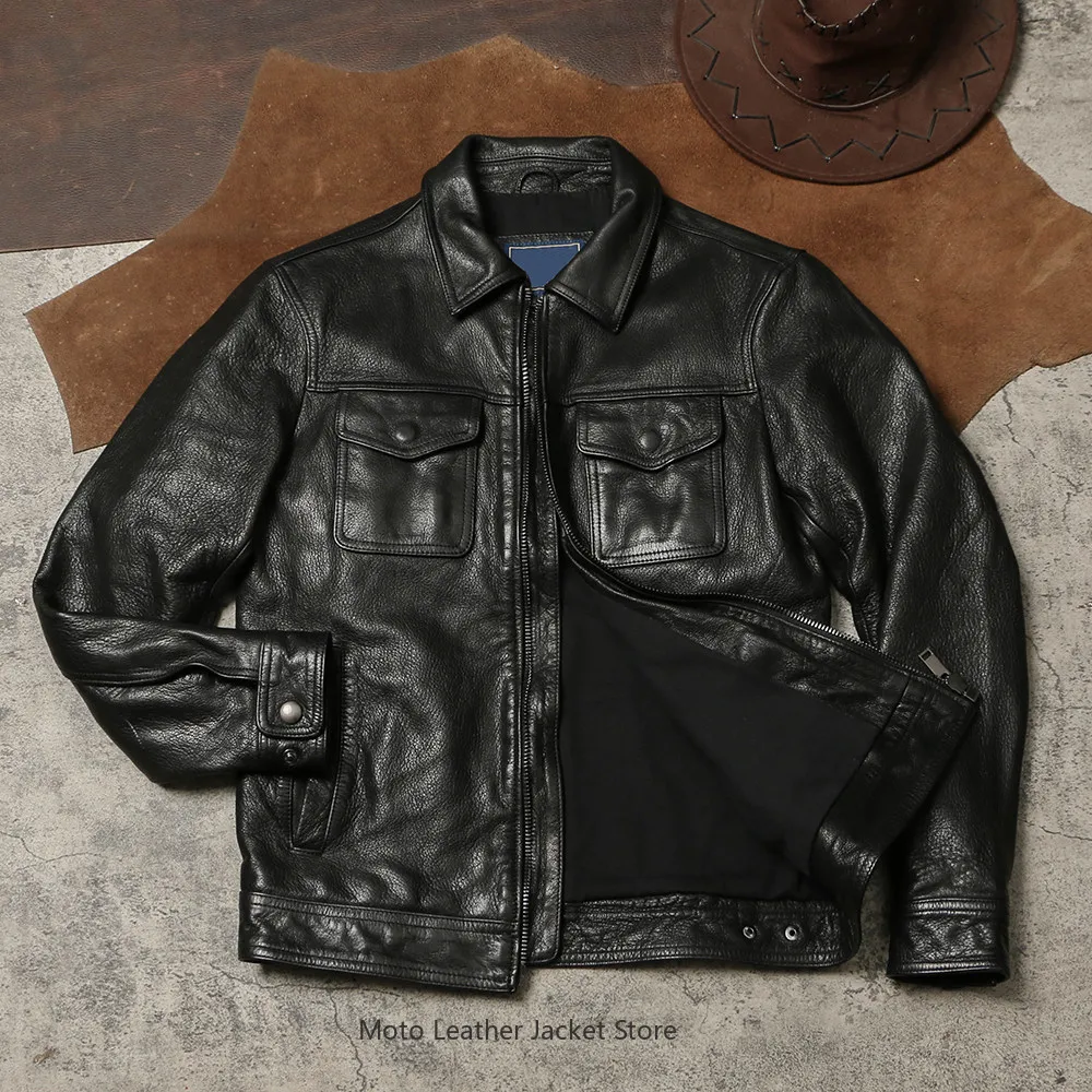 Men's Retro Waxed Goatskin Denim Style Jacket, Lapel Slim Biker Leather Coat, Workwear Multi Pocket Genuine Leather Outerwear
Men's Retro Waxed Goatskin Denim Style Jacket, Lapel Slim Biker Leather Coat, Workwear Multi Pocket Genuine Leather Outerwear