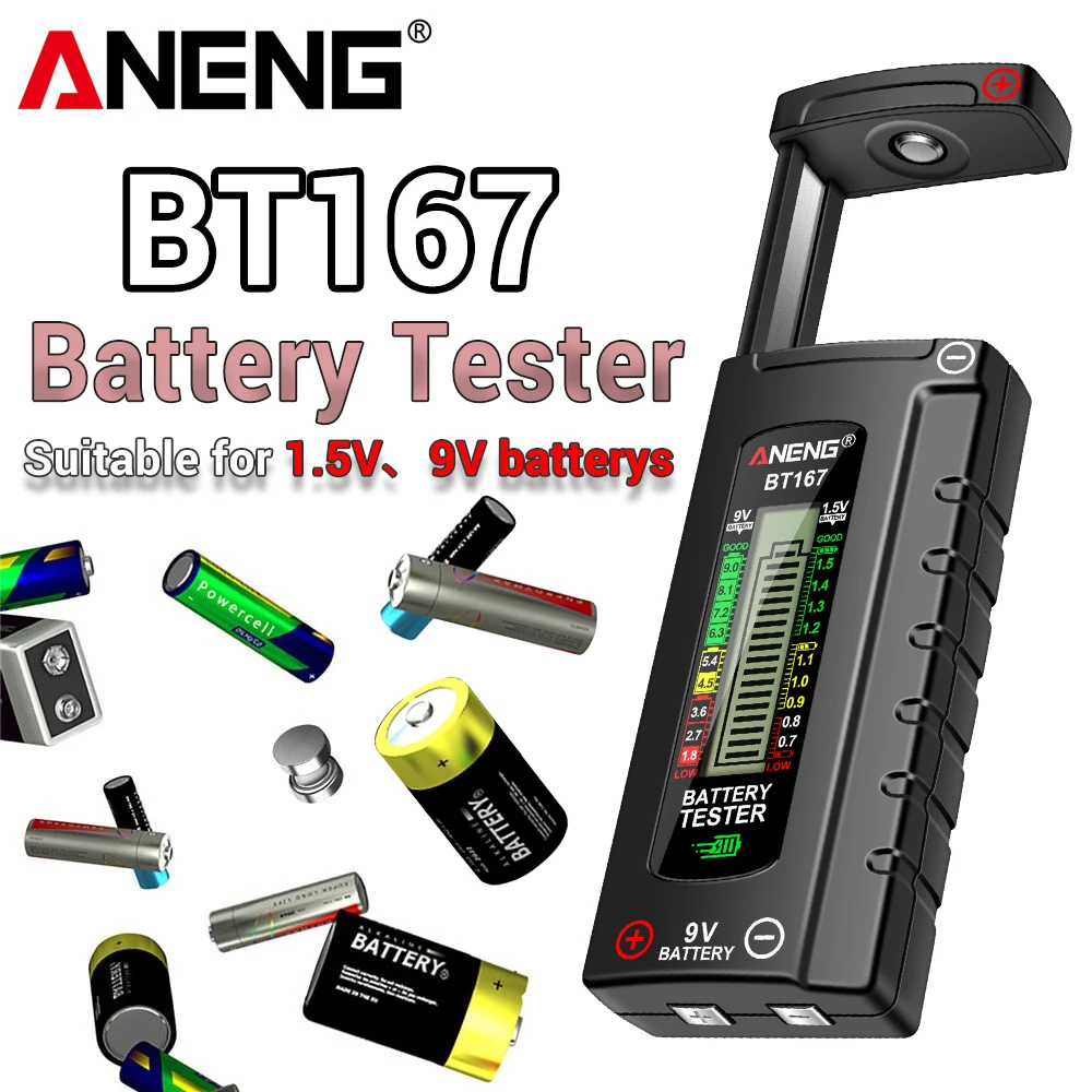 ANENG BT167 Battery Detector LCD Display C AA AAA D 9V 1.5V Universal Button Cell Tester Volt Test Checker Power Diagnostic Tool
ANENG BT167 Battery Detector LCD Display C AA AAA D 9V 1.5V Universal Button Cell Tester Volt Test Checker Power Diagnostic Tool
