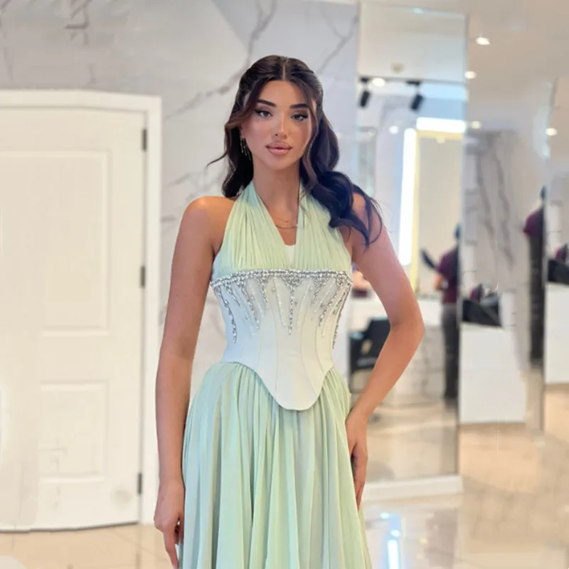 Aleeshuo Mint Green Chiffon Long Evening Dresses Modern Halter Neck Sleeveles Glitter Beading Formal Floor-Length Customized
Aleeshuo Mint Green Chiffon Long Evening Dresses Modern Halter Neck Sleeveles Glitter Beading Formal Floor-Length Customized