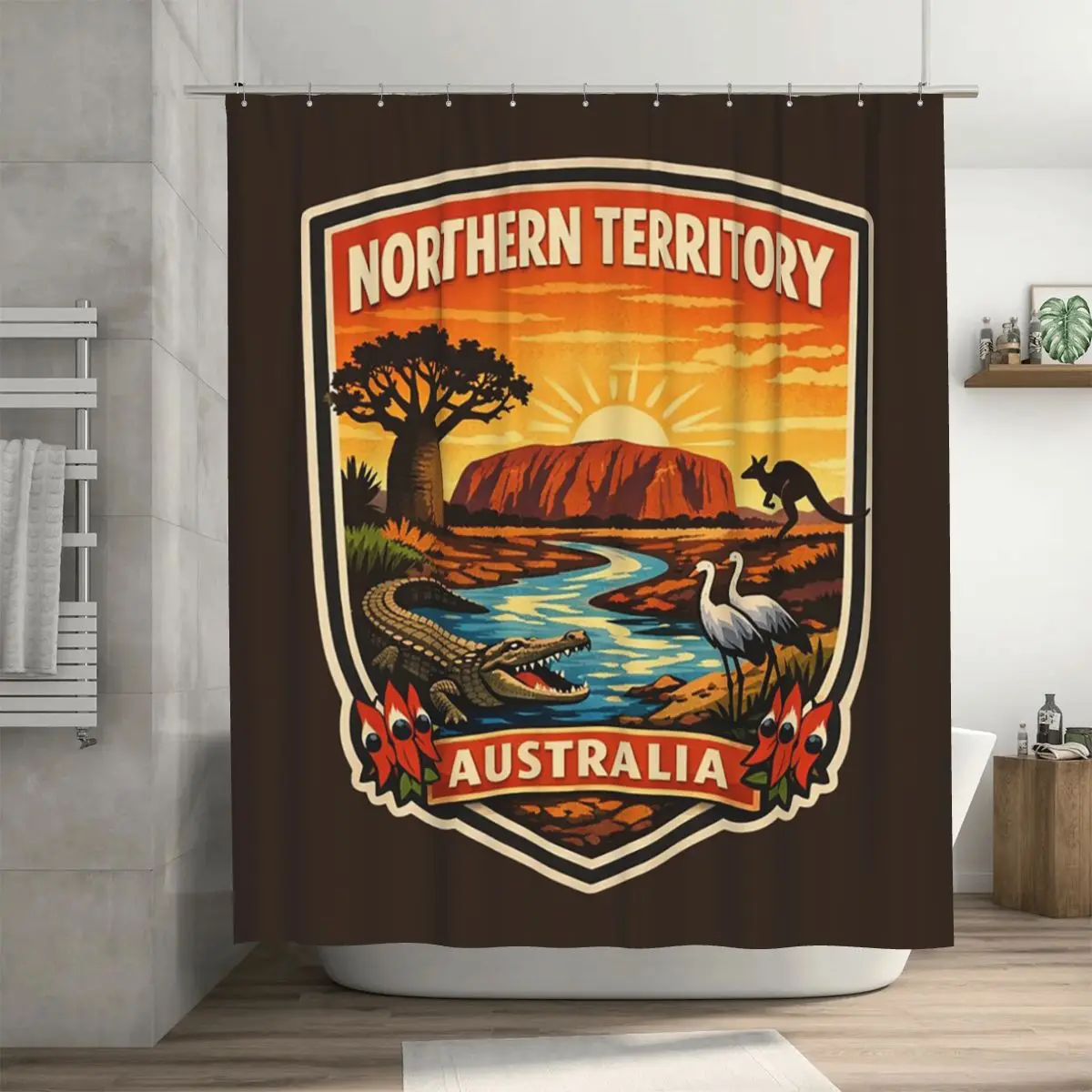 Занавеска для душа с изображением туристического значка Северного Территория Австралии, полиэстеровая, водонепроницаемая, с крючками
Занавеска для душа с изображением туристического значка Северного Территория Австралии, полиэстеровая, водонепроницаемая, с крючками